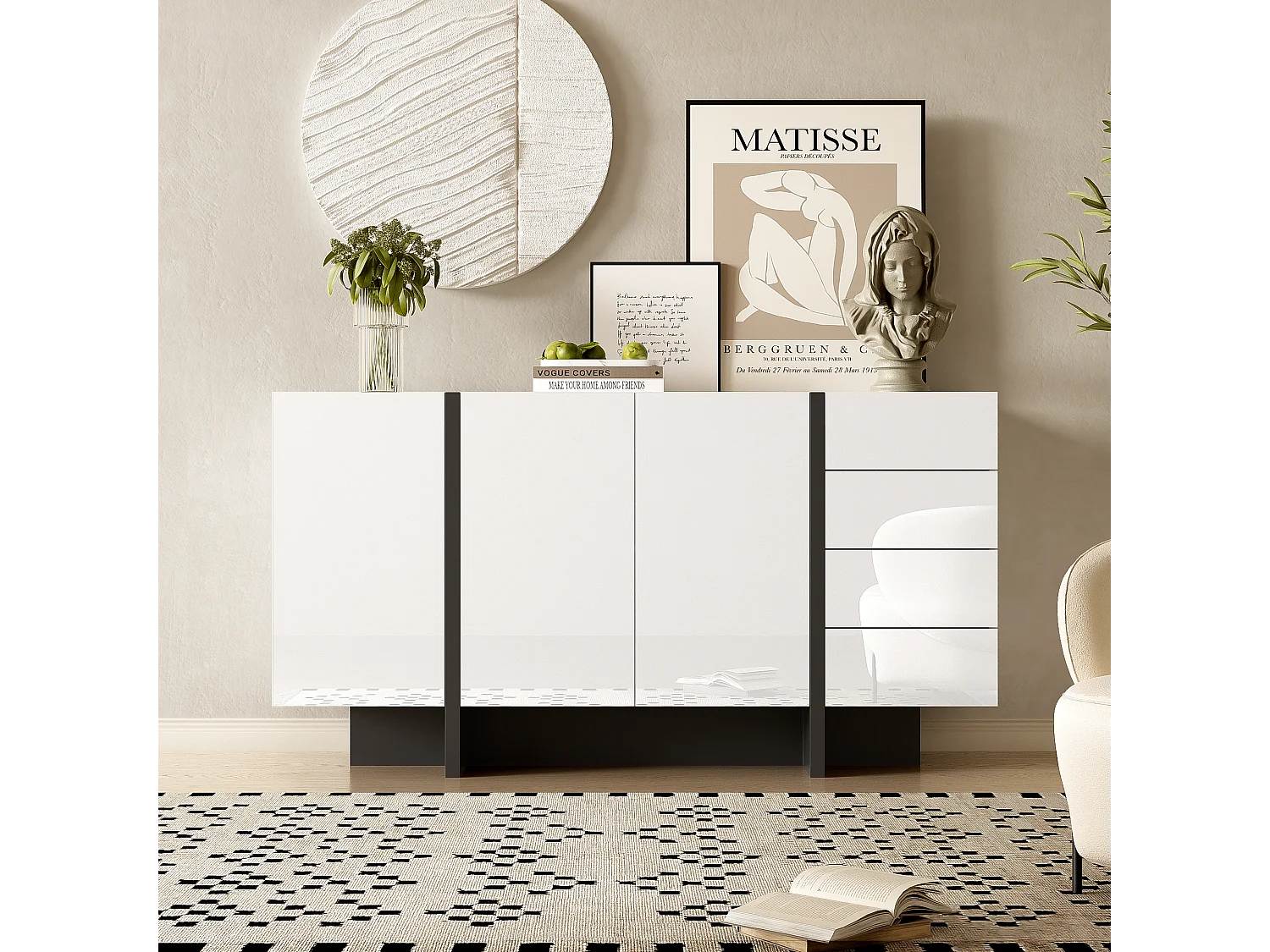 Komoda z 2 drzwiami i 3 szufladami - 150 x 40 x 80,5 cm - Płyta MDF i płyta wiórowa - Biały połysk 3554256 - obrazek 1