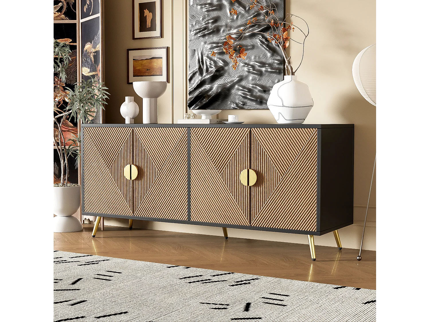 Komoda z 4 drzwiami - 160 x 40 x 75 cm - MDF i płyta wiórowa - Czarny i naturalny 3554263 - obrazek 1