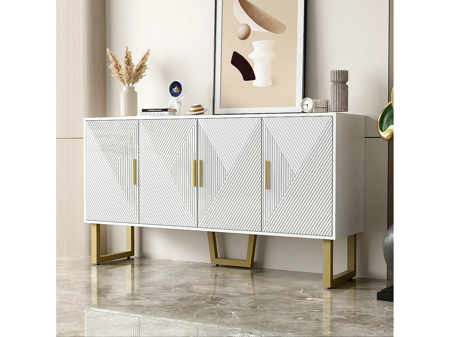 Komoda z 4 drzwiami - 150 x 40 x 82 cm - MDF, płyta wiórowa i metal - biel i złoto 3554270 - obrazek 1