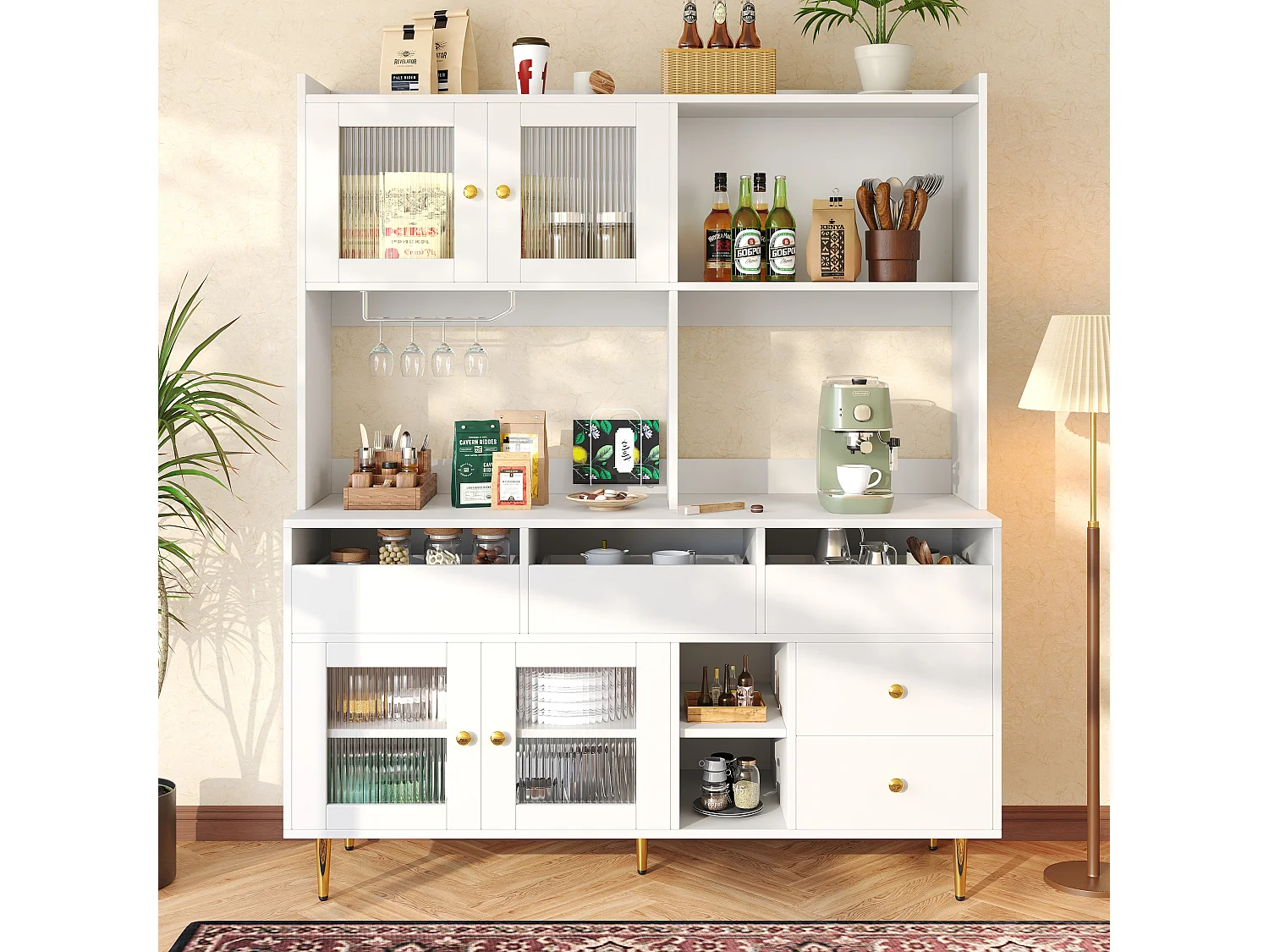 Kredens kuchenny z 4 drzwiami szklanymi, 5 szufladami i otwartą przegrodą - 145 x 39 x 171 cm - drewno MDF - biały 3598538 - obrazek 1