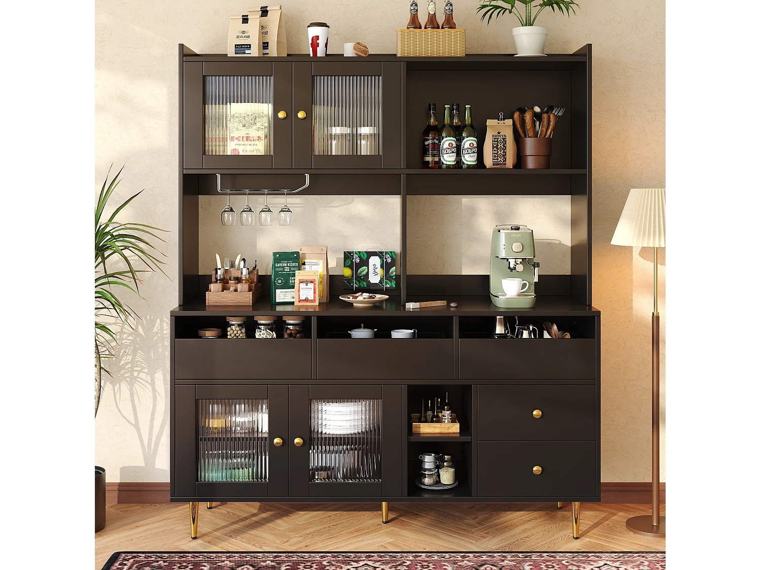 Kredens kuchenny z 4 drzwiami szklanymi, 5 szufladami i otwartą przegrodą - 145 x 39 x 171 cm - drewno MDF - czarny 3598540 - obrazek 1