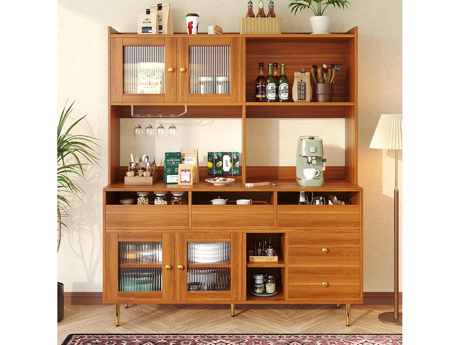Kredens kuchenny z 4 drzwiami szklanymi, 5 szufladami i otwartą przegrodą - 145 x 39 x 171 cm - drewno MDF - orzech 3598542 - obrazek 1