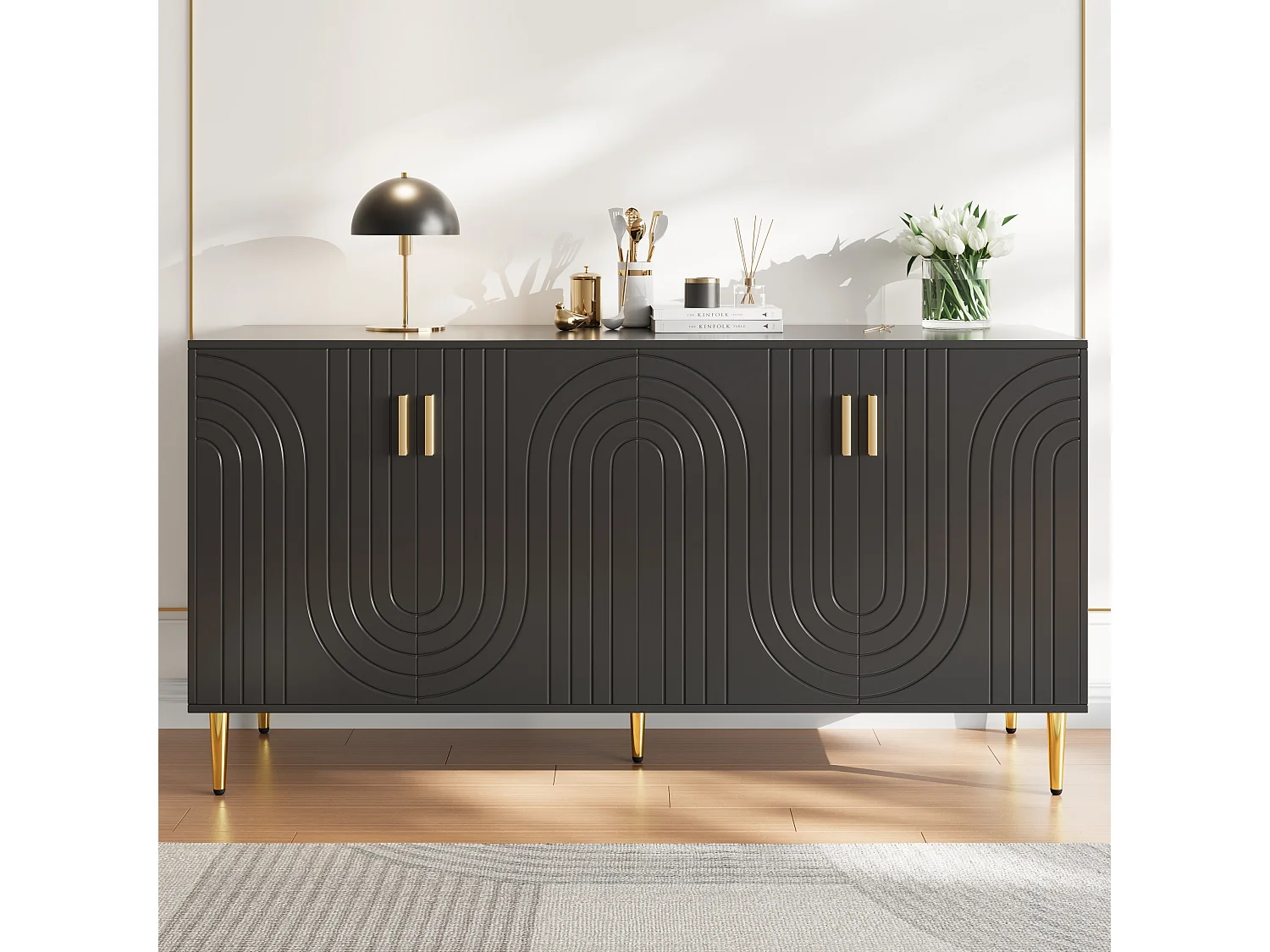 Komoda z 4 drzwiami - 152 x 40 x 75 cm - Drewno MDF - Wzór fali - Czarny 3598562 - obrazek 1