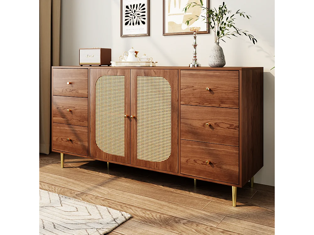 Komoda z 2 drzwiami rattanowymi i 6 szufladami - 160 x 40 x 90 cm - drewno MDF i nogi metalowe w kolorze złotym - do kuchni, domu - brązowa 3598565 - obrazek 1