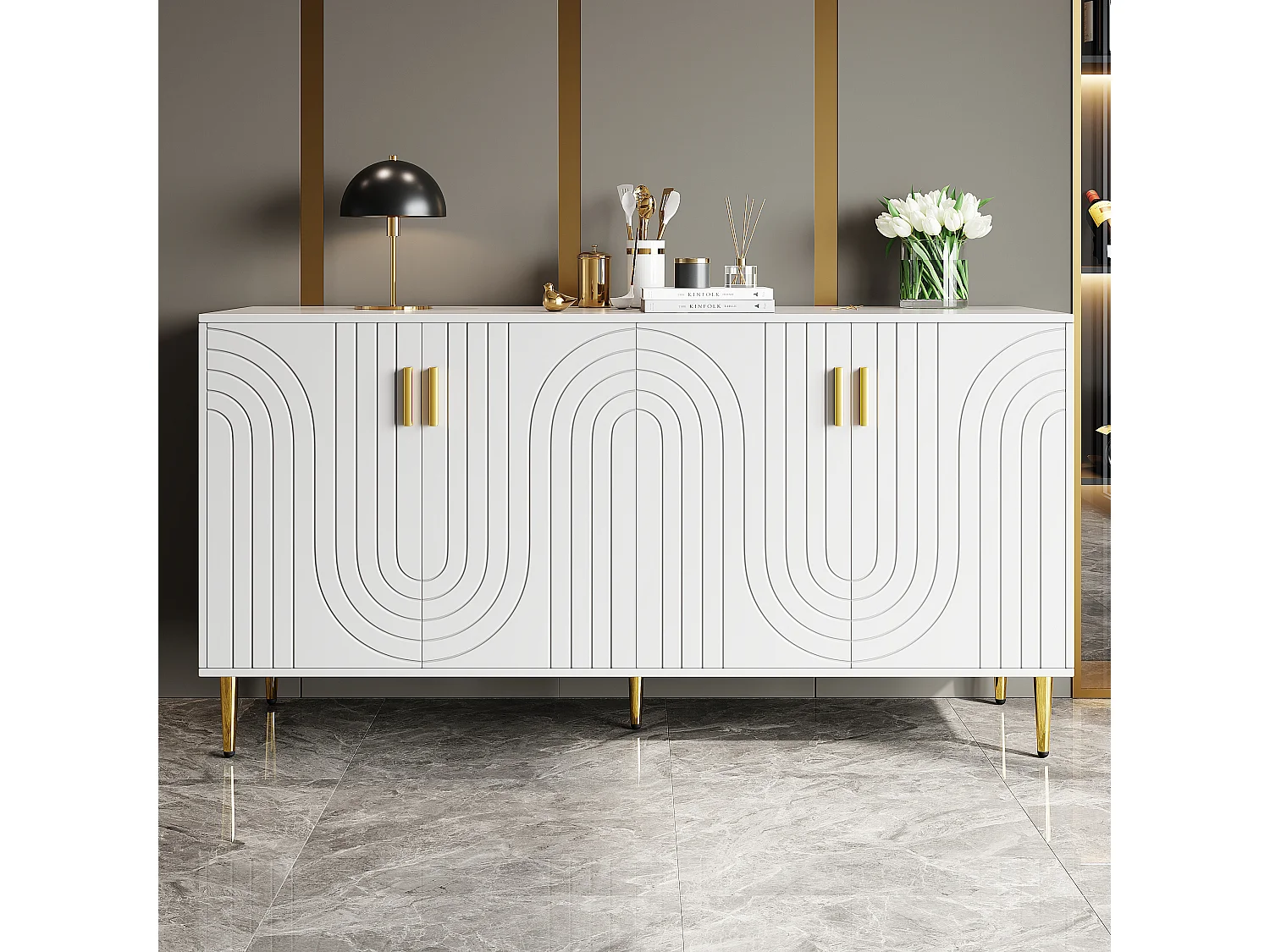 Komoda z 4 drzwiami - 152 x 40 x 75 cm - Drewno MDF - Wzór fali - Biały 3598571 - obrazek 1