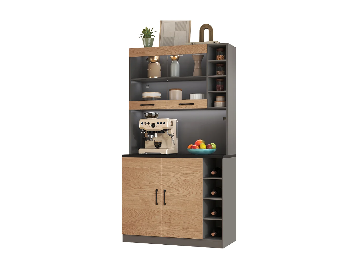 Kredens kuchenny z 4 drzwiami i przegródkami - 100 x 47 x 187 cm - drewno MDF - diody LED i organizacja kabli - naturalny + szary 3604384 - obrazek 1