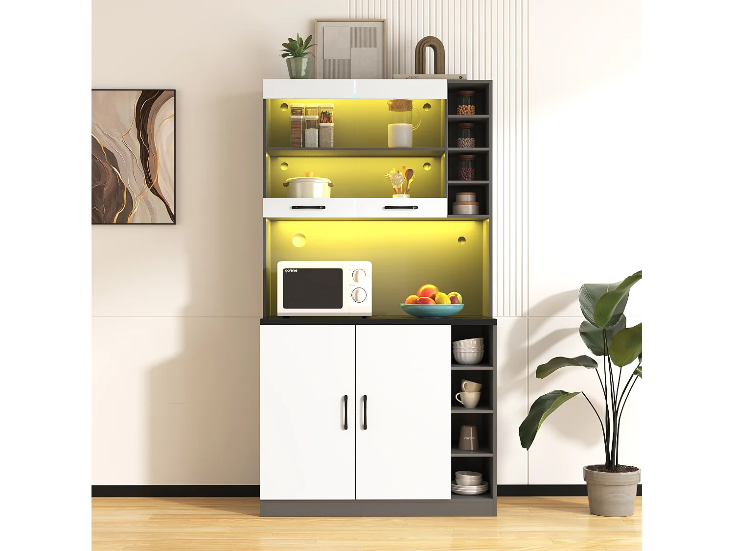 Kredens kuchenny z 4 drzwiami i przegródkami - 100 x 47 x 187 cm - drewno MDF - diody LED i zarządzanie kablami - biały 3604383 - obrazek 1