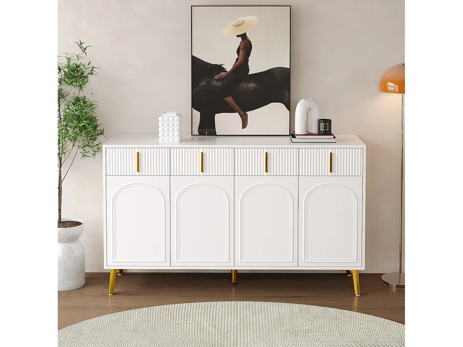 Komoda z 4 drzwiami i 4 szufladami - 140 x 37,8 x 82 cm - MDF drewno oraz złote uchwyty i nogi - biała 3604411 - obrazek 1