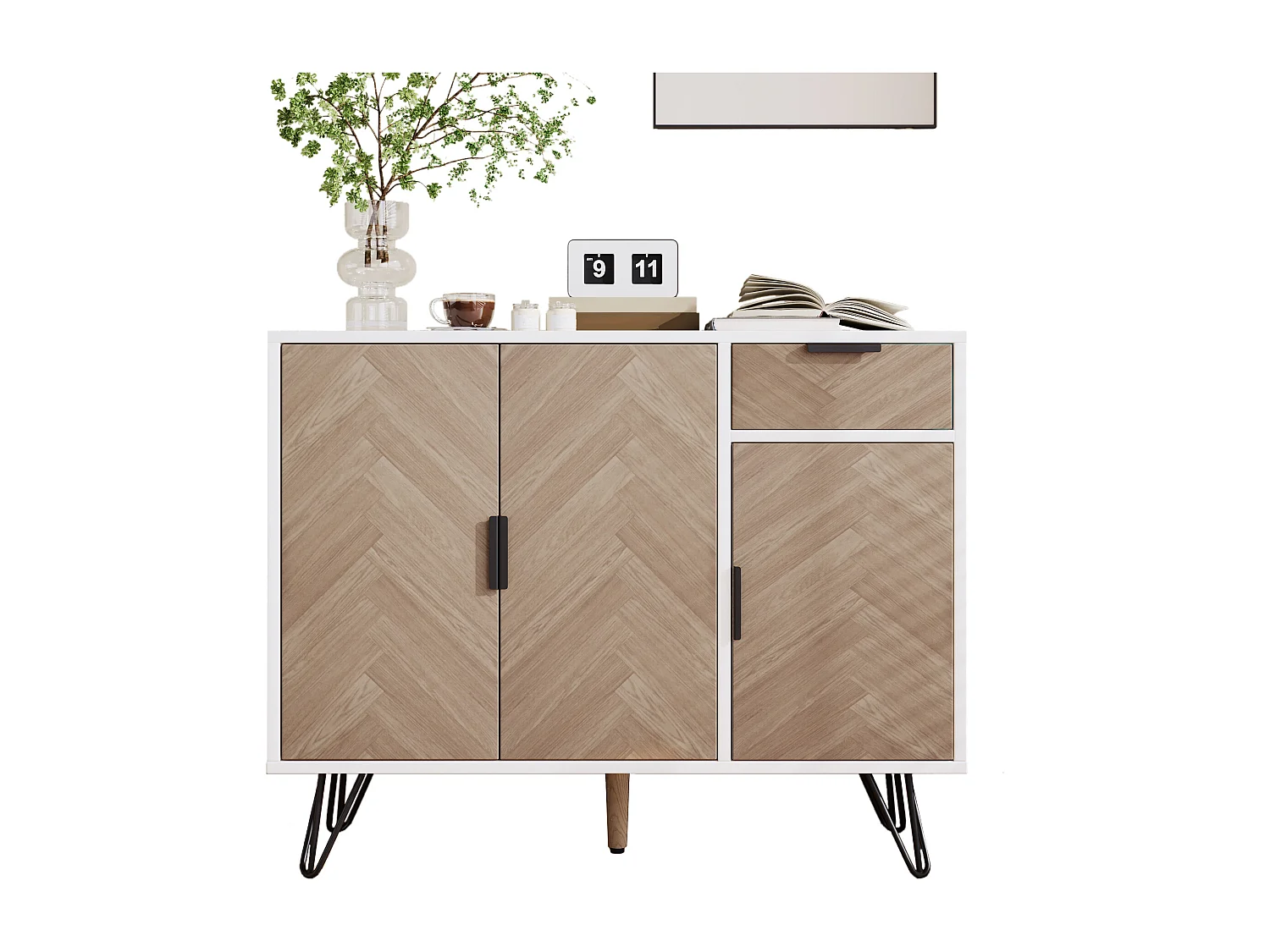 Komoda z 3 drzwiami i 1 szufladą - 90 x 30 x 71,5 cm - regulowane półki - MDF i płyta wiórowa - biały i drewno 3732321 - obrazek 1