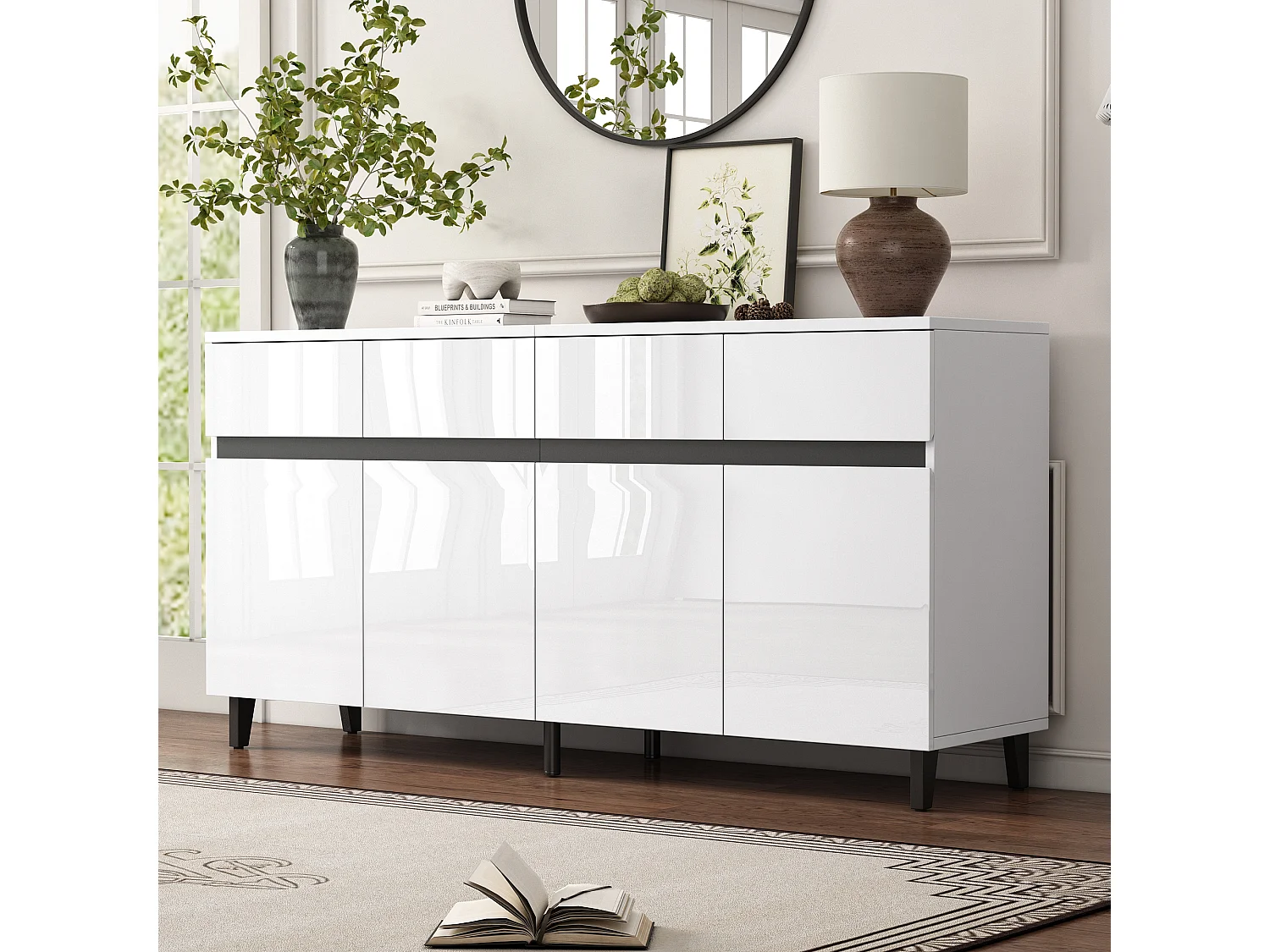 Komoda niska z 4 drzwiami i 4 szufladami - 160 x 40 x 68 cm - Płyta wiórowa - Regulowane półki - Biały połysk 3732324 - obrazek 1