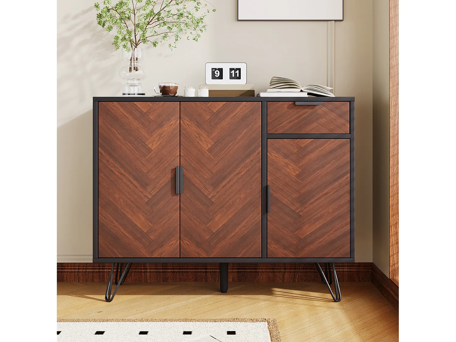 Komoda z 3 drzwiami i 1 szufladą - 90 x 30 x 71,5 cm - regulowane półki - MDF i płyta wiórowa - Czarny i drewno 3732322 - obrazek 1