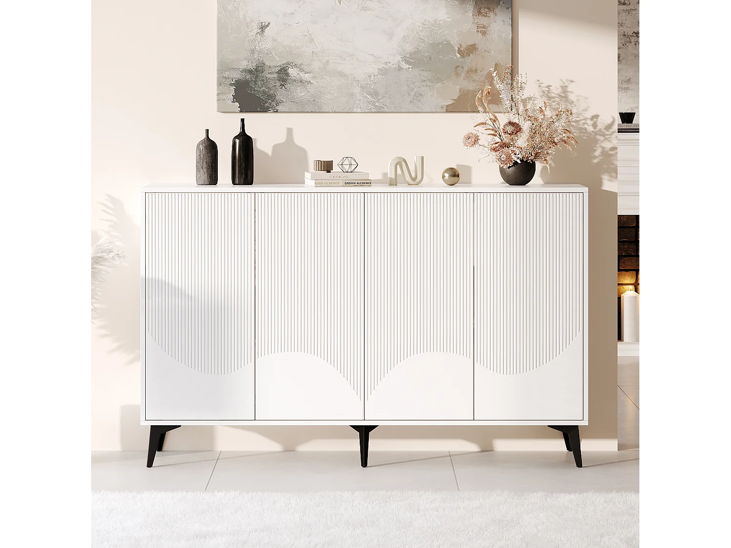 Komoda niska z 4 drzwiami - 160 x 35 x 100 cm - Płyta wiórowa i nogi metalowe - Kolor biały 3732331 - obrazek 1