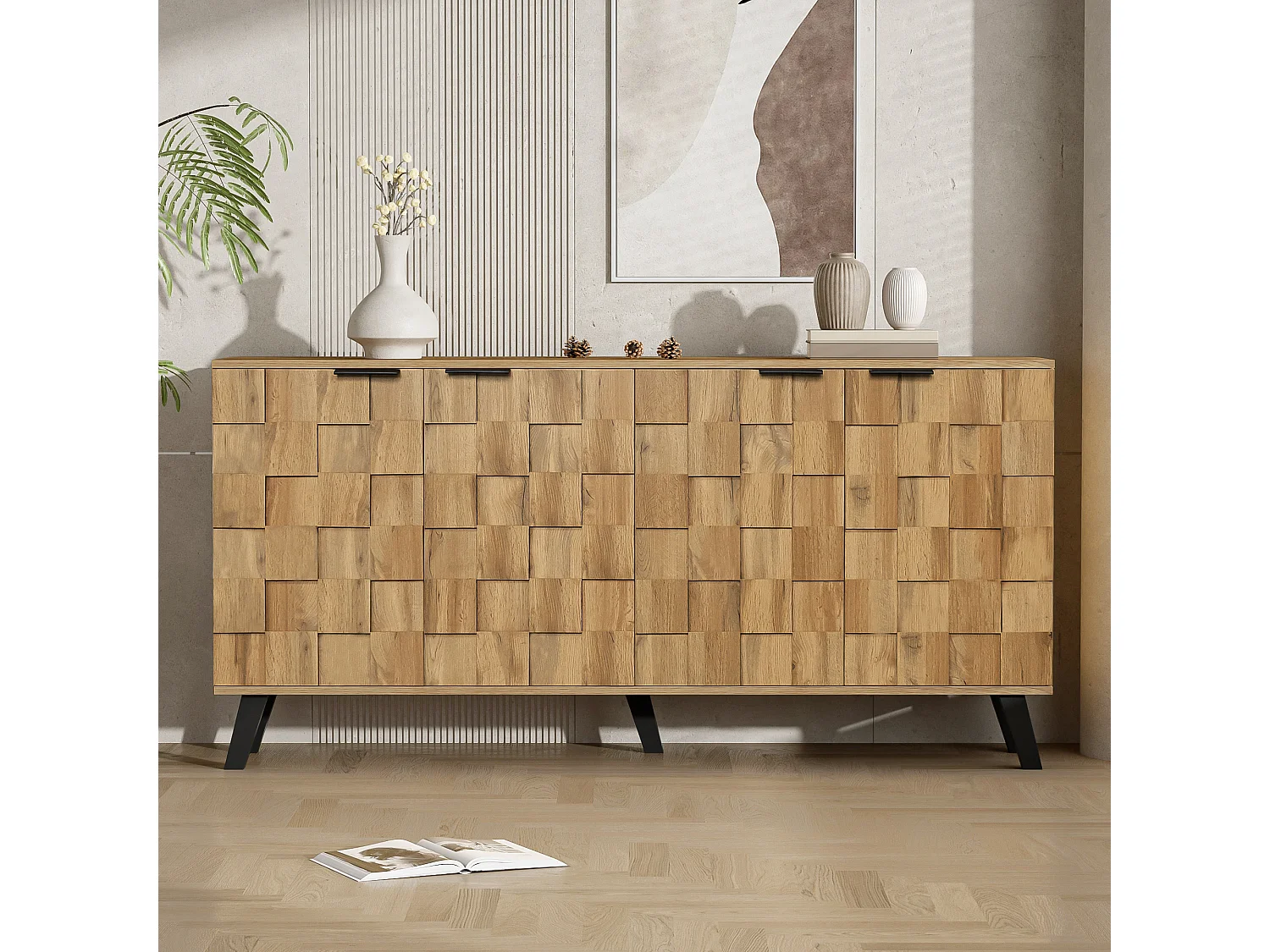 Komoda z 4 drzwiami - 160,5 x 35,5 x 78 cm - do salonu, jadalni - Płyta wiórowa - Kolor drewna 3732332 - obrazek 1