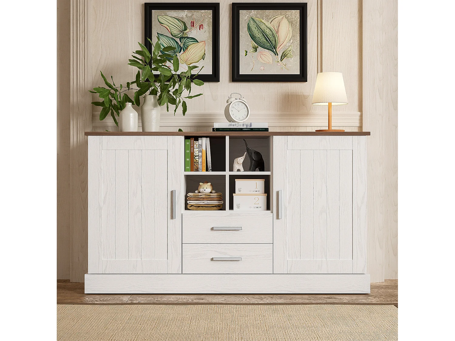 Komoda z 2 drzwiami i 2 szufladami - 140 x 40 x 79,5 cm - Płyta wiórowa - Biały i brązowy 3732328 - obrazek 1