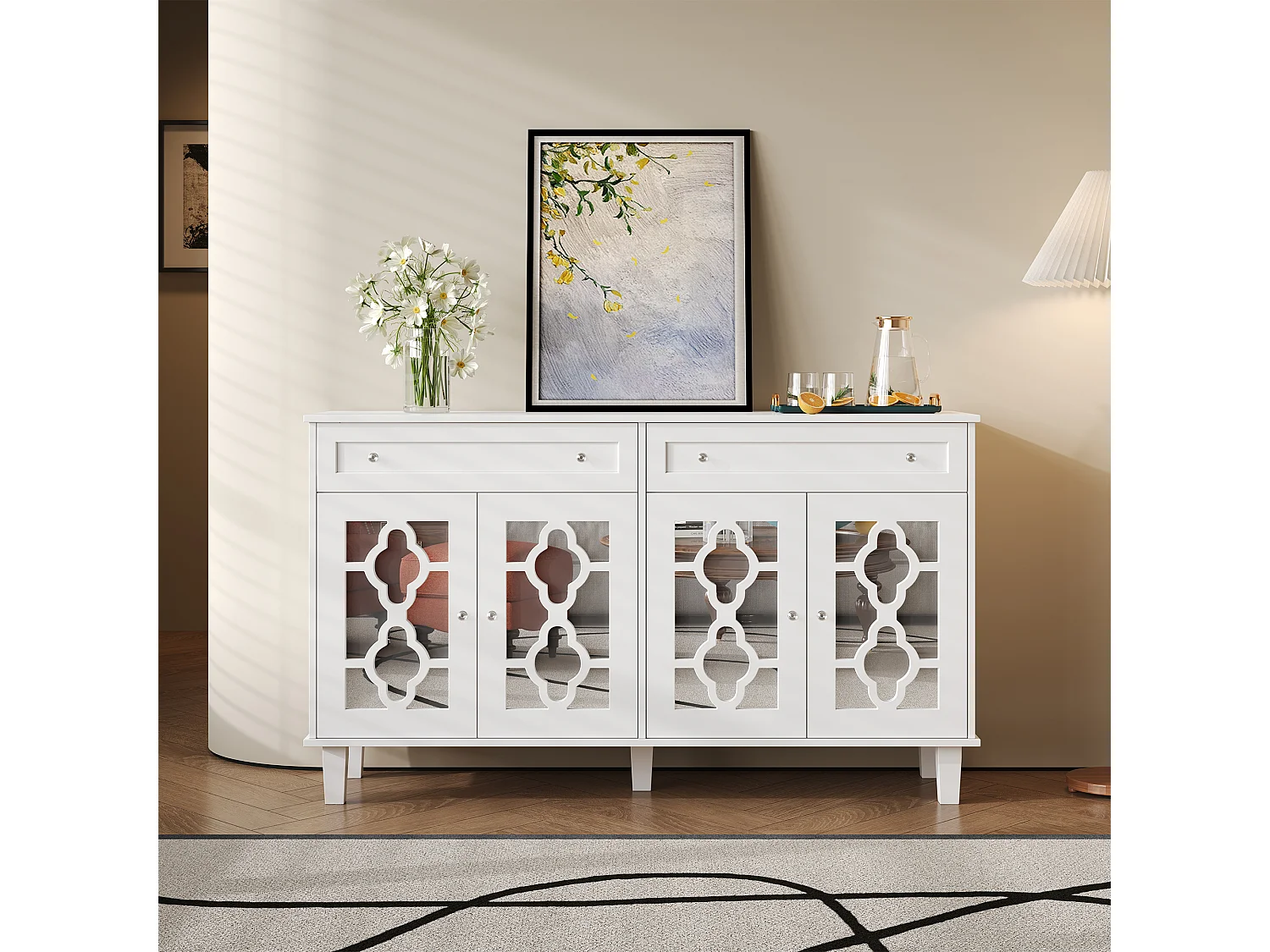 Komoda niska z 4 drzwiami i 2 szufladami - 120 x 40 x 83 cm - Regulowane półki i uchwyty kryształowe - MDF - Biała 3732337 - obrazek 1