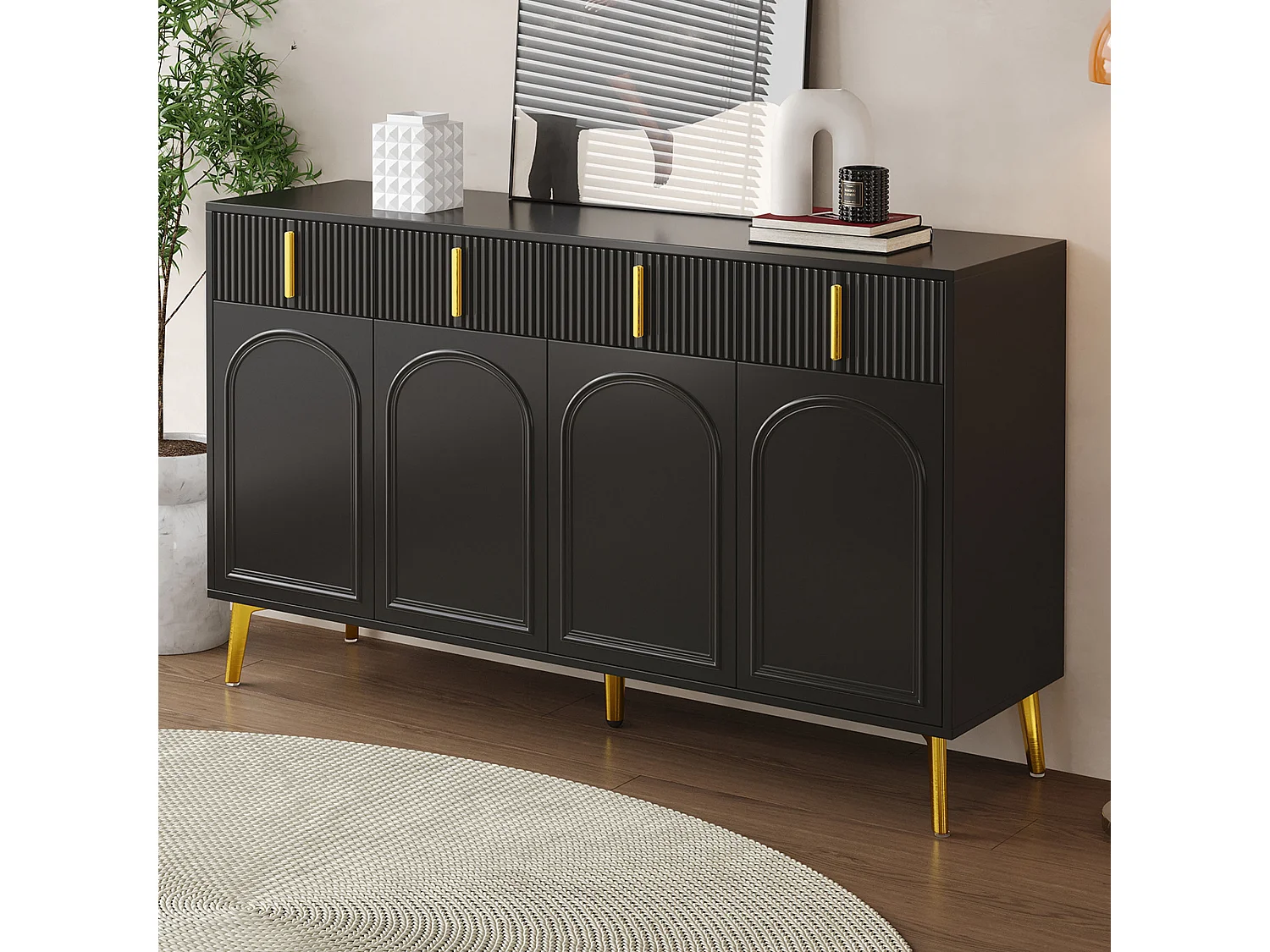 Komoda niska z 4 drzwiami i 4 szufladami - 140 x 37,8 x 82 cm - Złote uchwyty i nóżki - MDF - Czarny 3732340 - obrazek 1