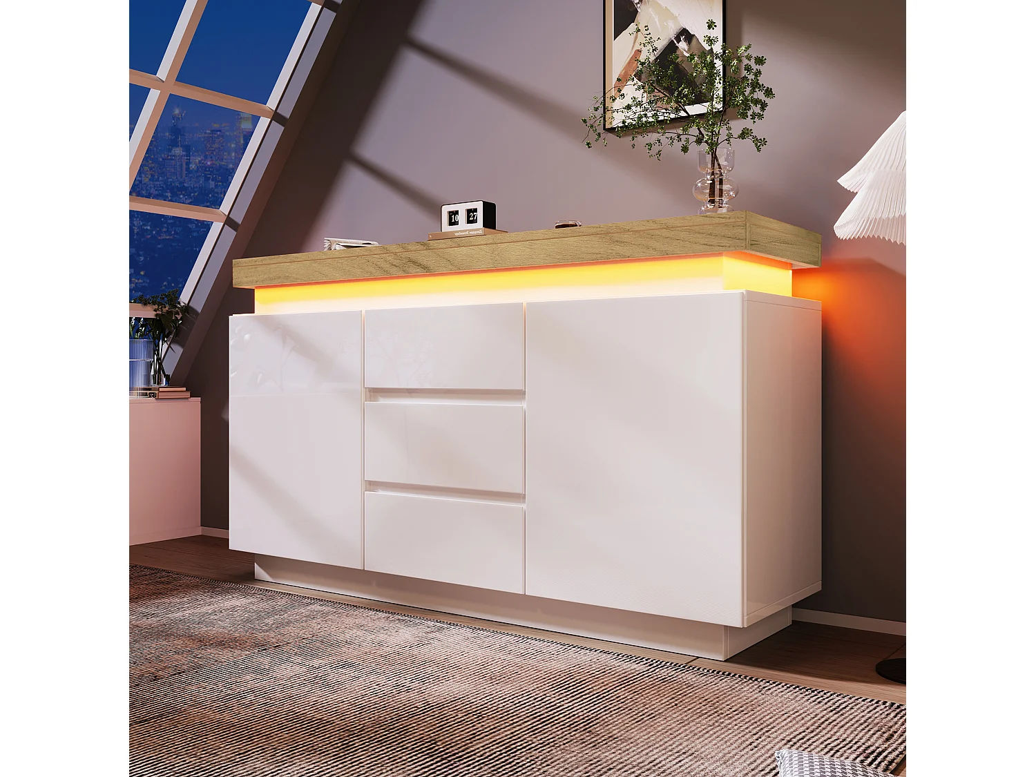 Komoda z 2 drzwiami i 3 szufladami - 140 x 39 x 81 cm - Diody LED - Płyta wiórowa - do salonu, sypialni - Biała 3777296 - obrazek 1