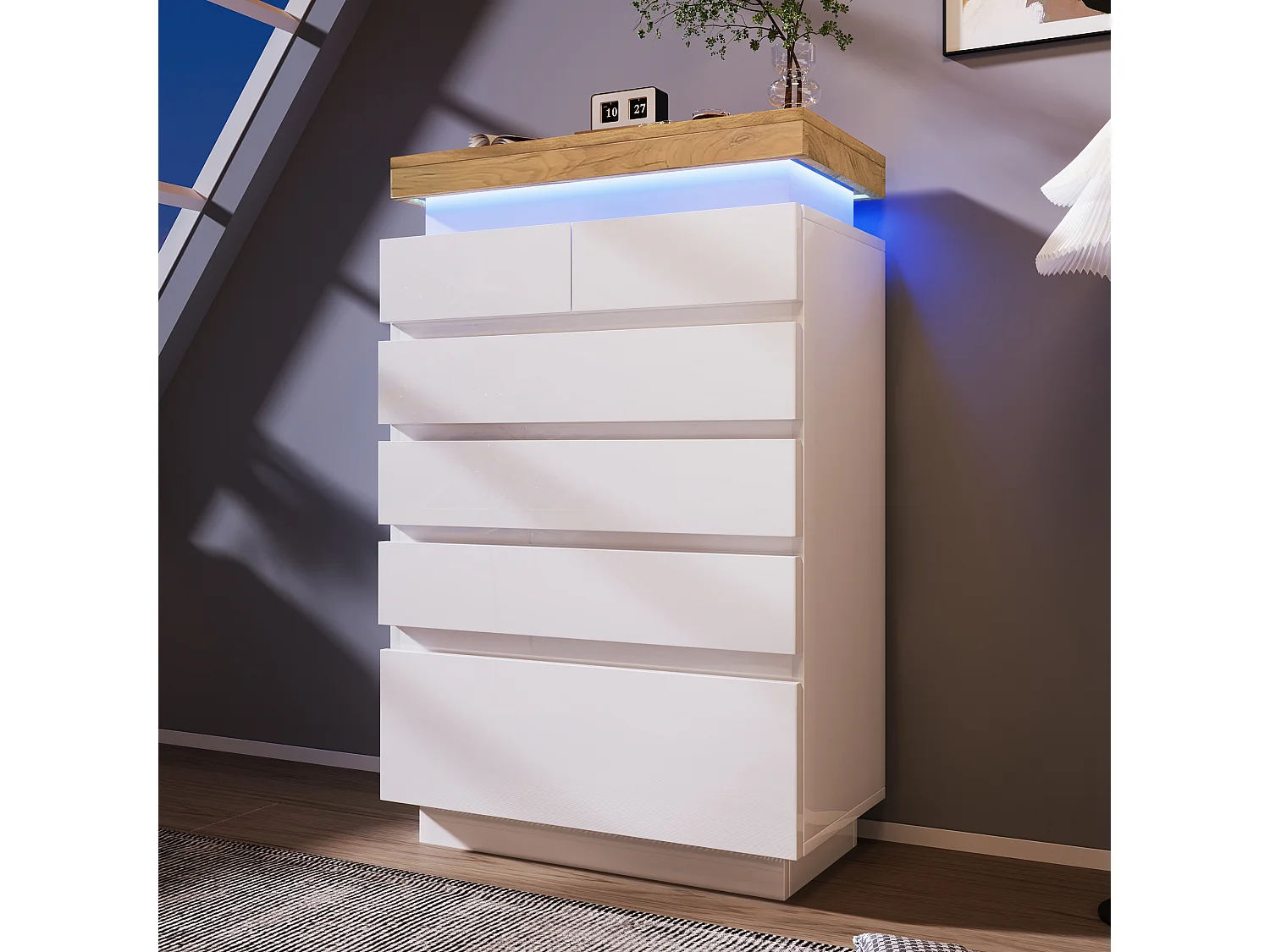 Komoda z 6 szufladami - 73 x 39 x 115 cm - Diody LED - Płyta wiórowa - do salonu i sypialni - Biała 3777298 - obrazek 1