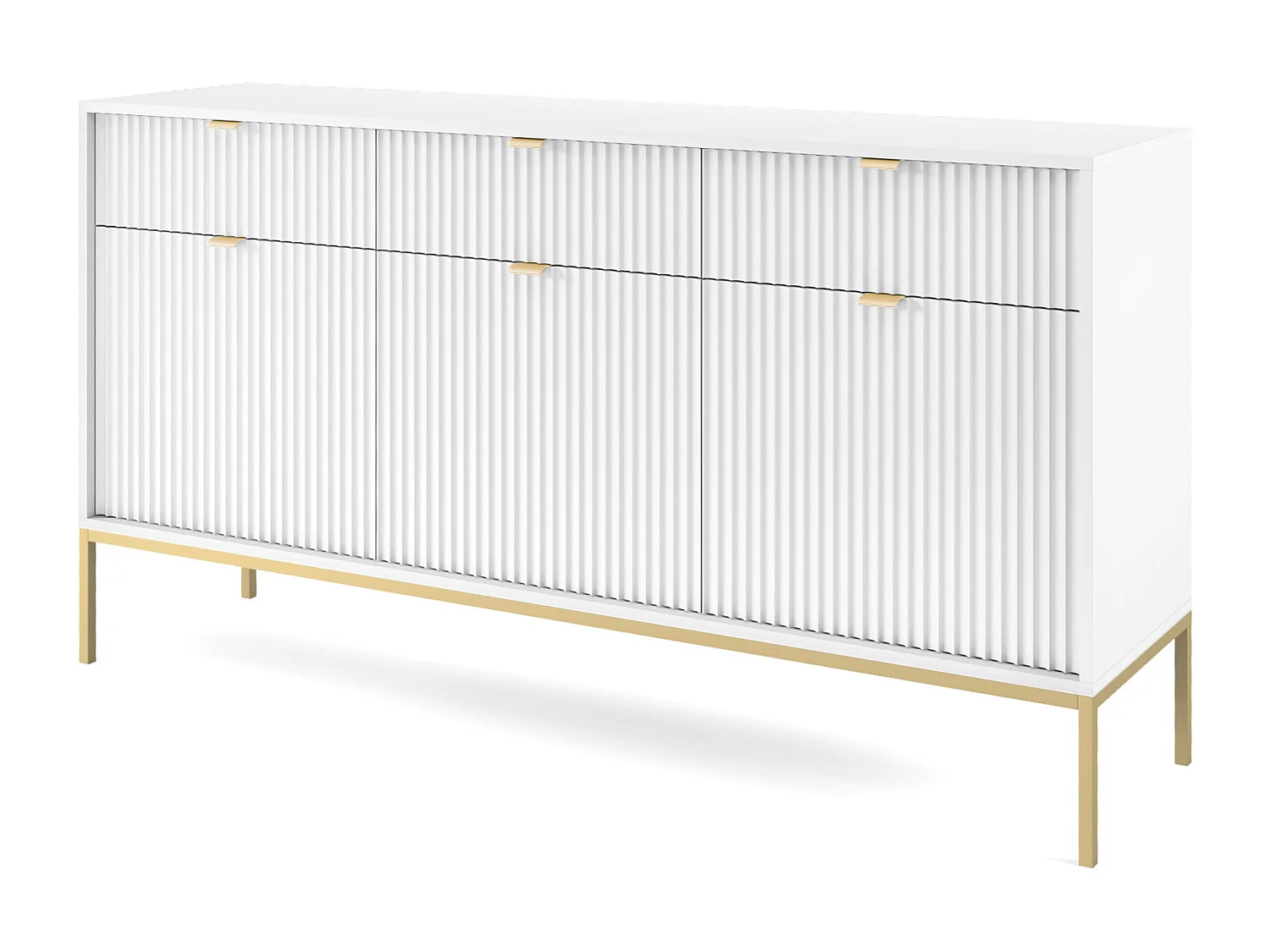 Komoda Elegancka DomoHome NOVA – 154x83x39cm, fasada Geriffelt, złote uchwyty, uniwersalny design, 3 szuflady i 3 drzwi, Biała rama złota 3871812 - obrazek 1