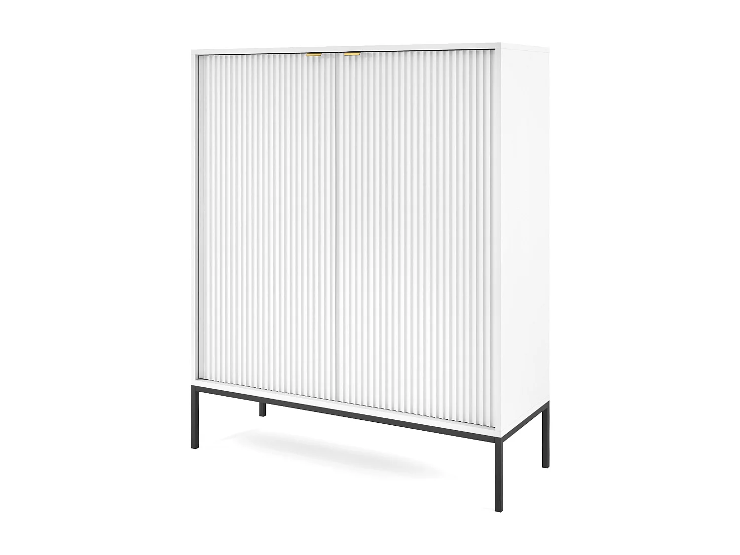 Komoda Wysoka Geriffelt NOVA – 2 drzwi, Highboard z złotymi uchwytami, Biały, czarne nogi 125x104x39cm - Elegancka do salonu 3871842 - obrazek 1