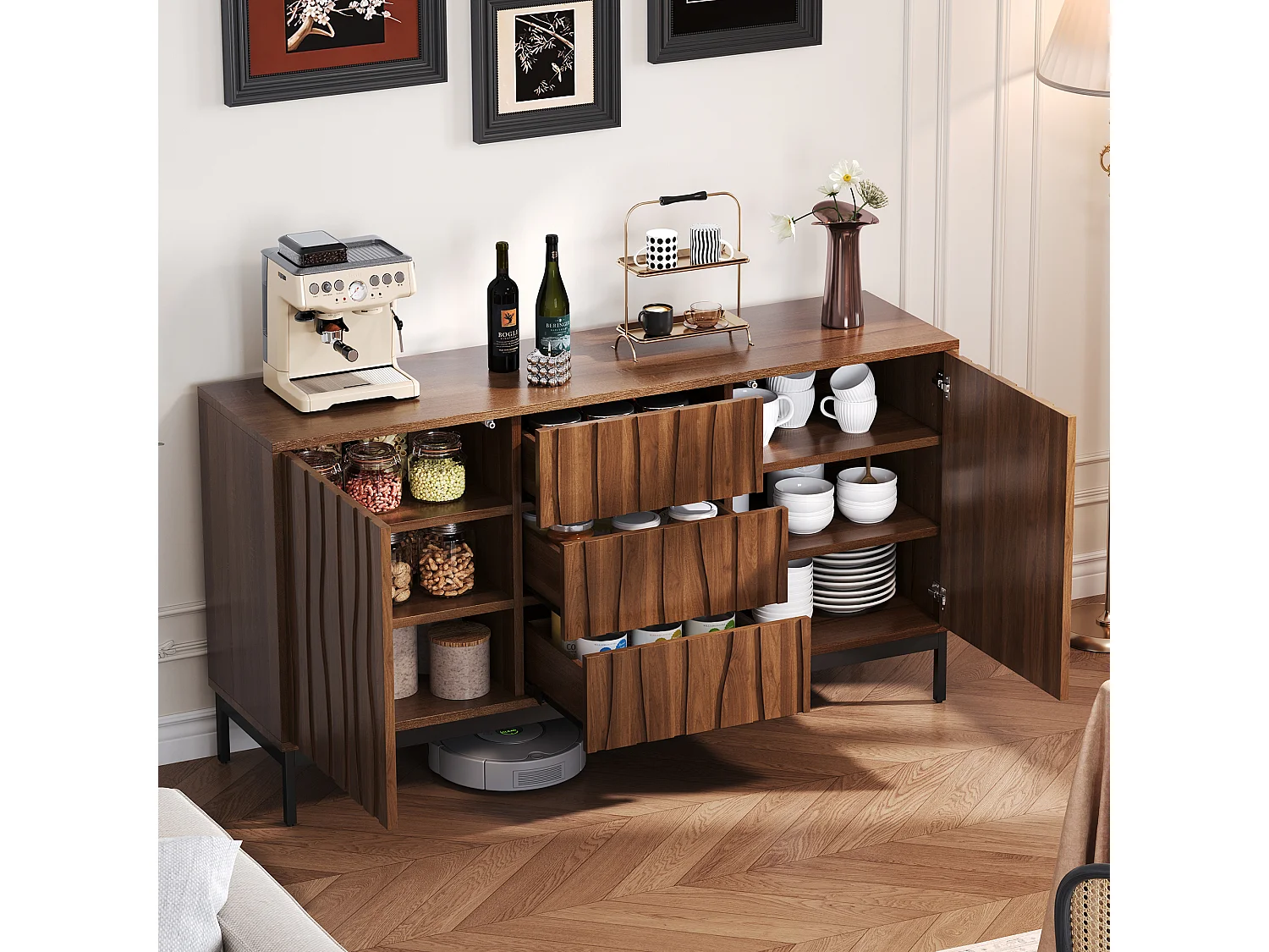 Komoda z 3 szufladami i 2 drzwiami - 150 x 40 x 80 cm - Drewno MDF - Efekt ciemnego dębu - Brązowy 3876416 - obrazek 1