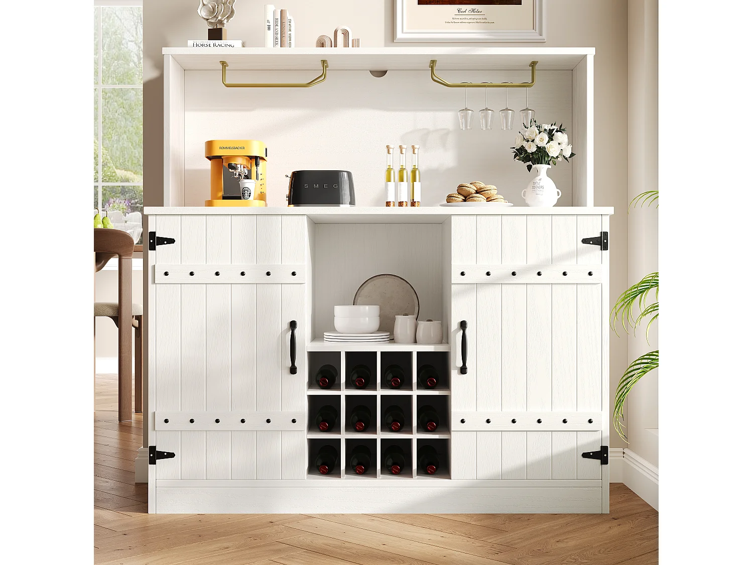 Komoda z 3 drzwiami i 12 uchwytami na butelki - 120 x 40 x 120 cm - MDF - do salonu, jadalni - biała 3878078 - obrazek 1