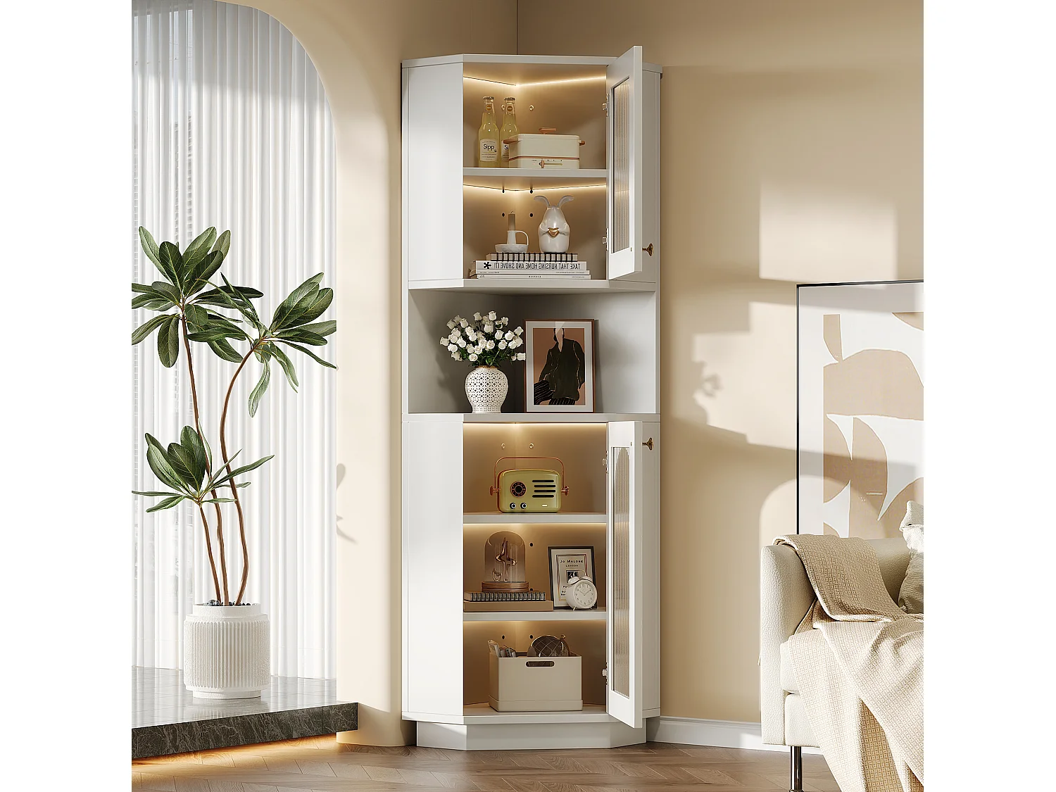 Kolumna narożna łazienkowa – 2 drzwi i 1 wnęka do przechowywania – 45x 45 x 166,5 cm – diody LED – MDF – biała 3913108