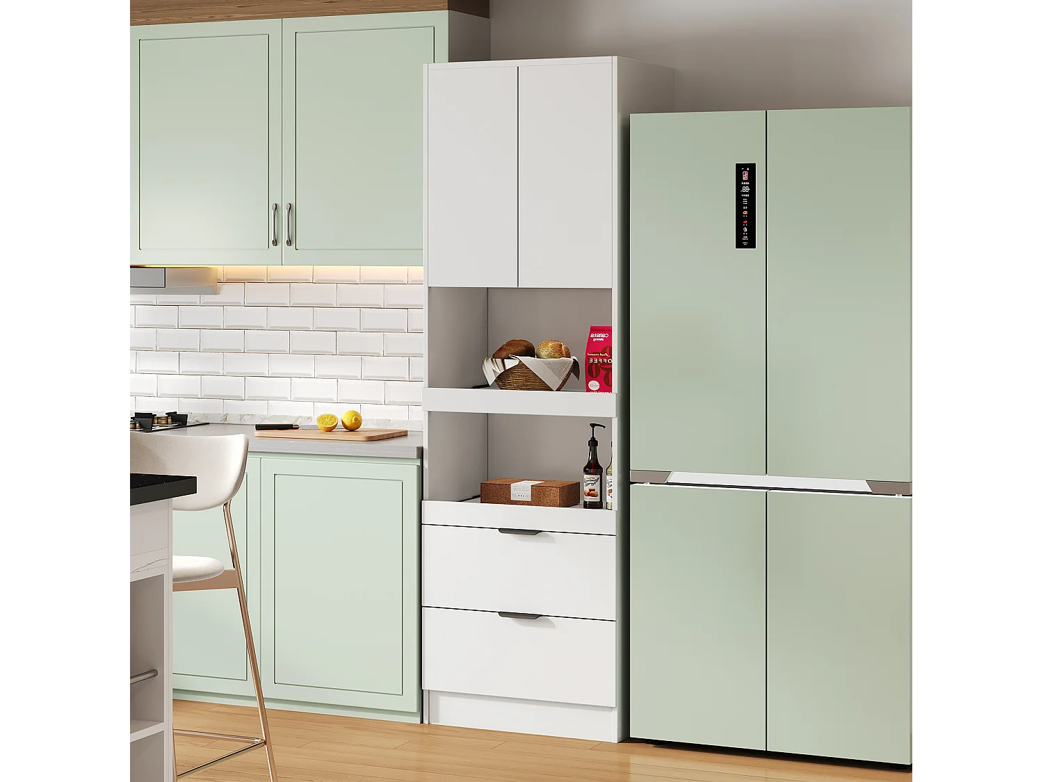 Komoda kuchenna z 2 drzwiami, 2 szufladami i półkami - 59,5 x 45 x 200 cm - drewno MDF - biały 3913128 - obrazek 1