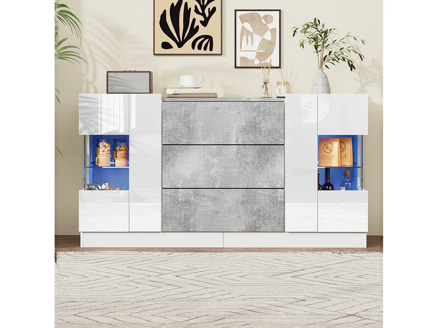 Komoda z 2 drzwiami i 3 szufladami - 140 x 35 x 75 cm - MDF i szkło - Lśniący biały i szary wygląd marmuru 3913158 - obrazek 1
