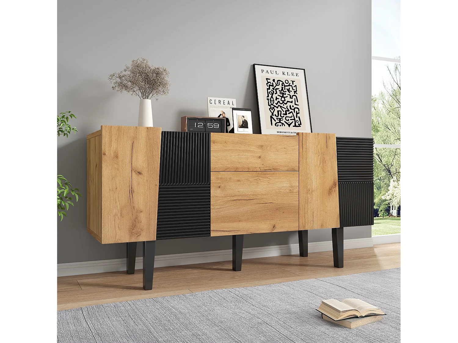 Komoda z 4 drzwiami i 2 szufladami, szafka RTV - 140 x 40 x 70 cm - Płyta wiórowa i nogi z litego drewna - Dąb 3913154 - obrazek 1