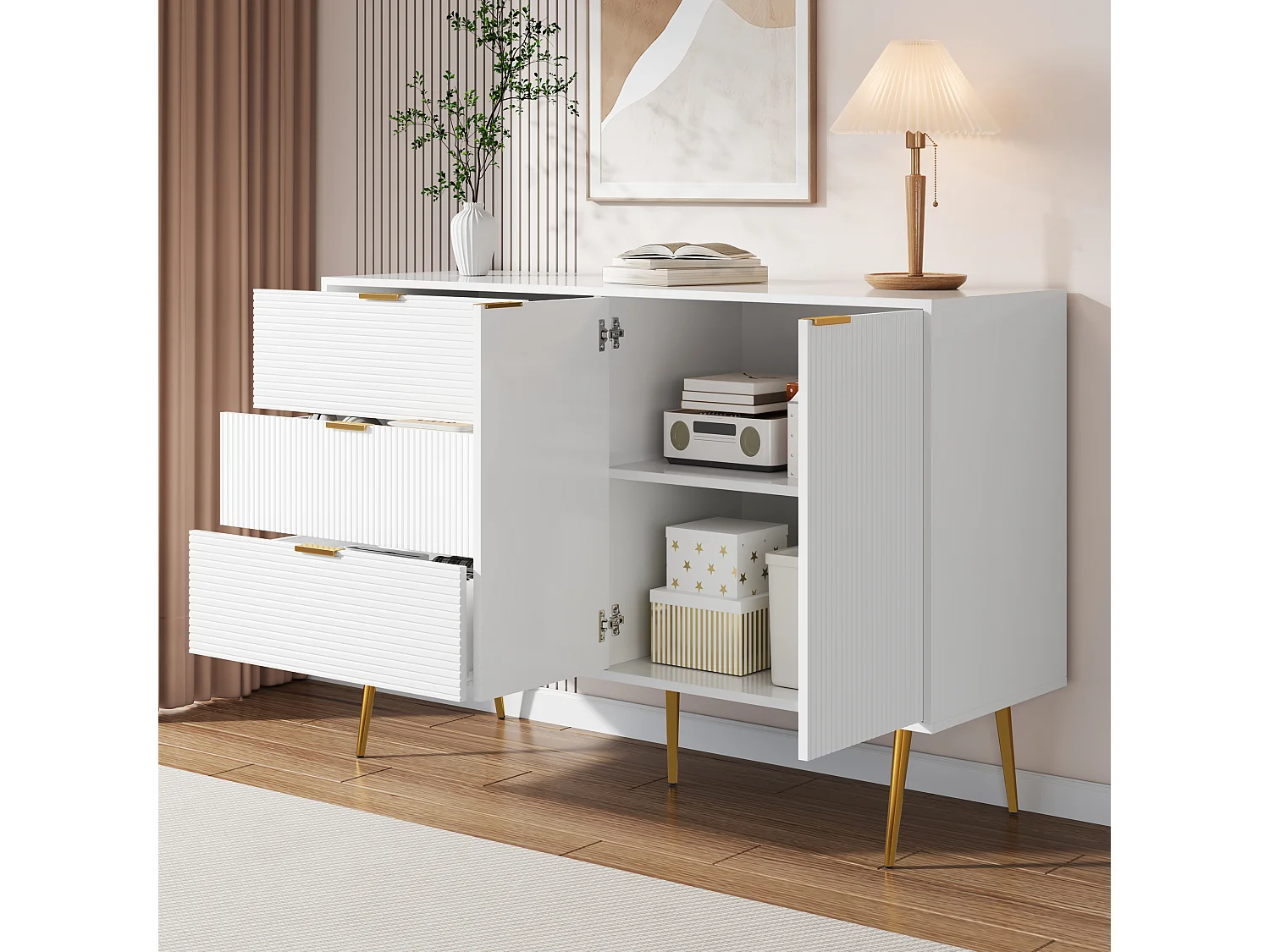 Komoda z 2 drzwiami i 3 szufladami - 120 x 38 x 80,5 cm - Złote uchwyty i nóżki - MDF - Biały i złoty 3913161 - obrazek 1