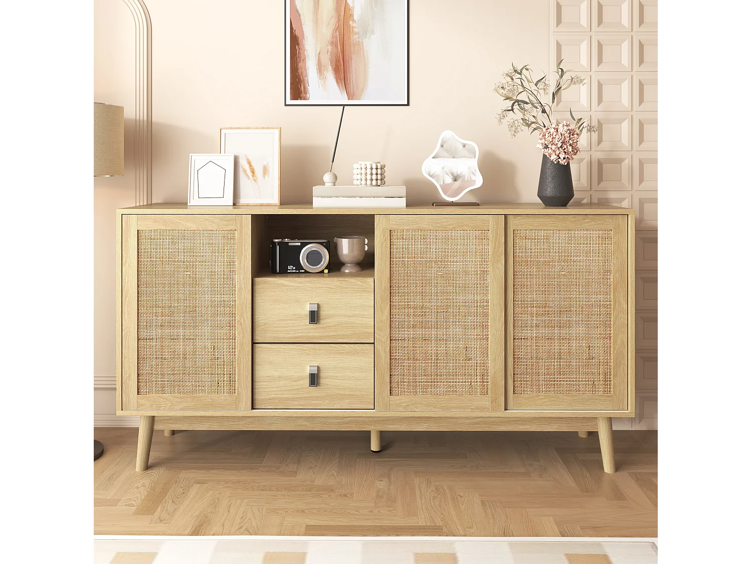 Komoda z 3 przesuwanymi drzwiami rattanowymi - 155 x 38 x 80 cm - MDF, Płyta wiórowa - Kolor naturalny 3913163 - obrazek 1