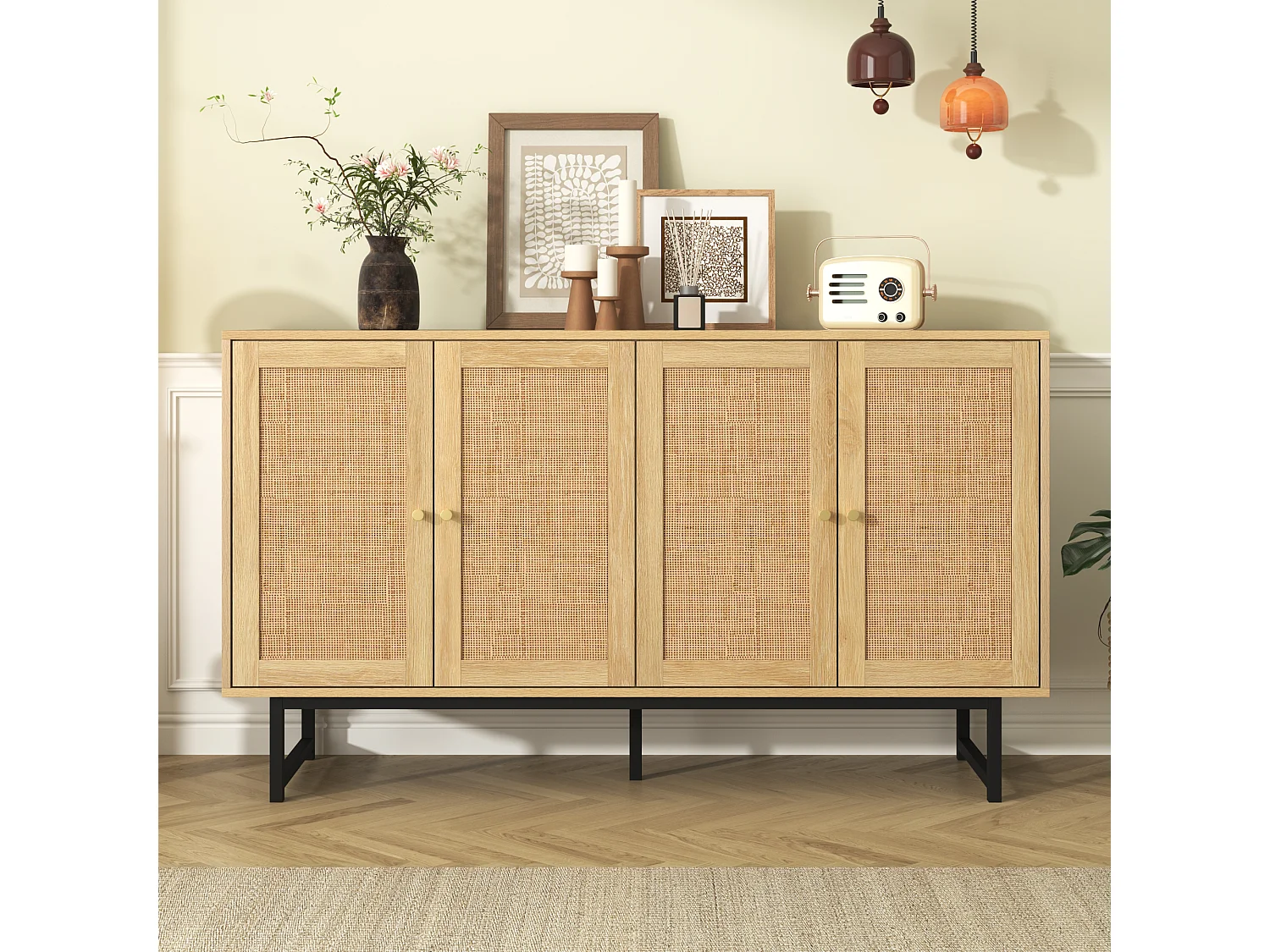 Komoda z 4 drzwiami rattanowymi - 140 x 39,5 x 80 cm - Płyta wiórowa - Kolor drewna 3913164 - obrazek 1
