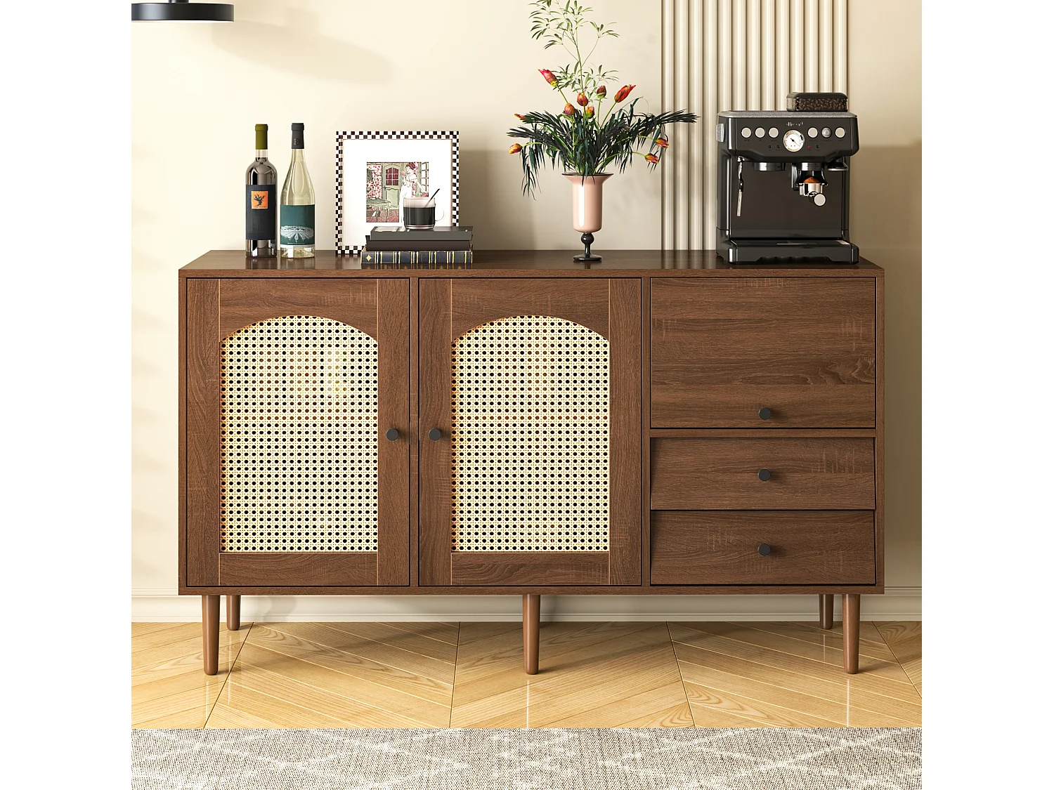 Komoda z 2 szufladami i 2 drzwiami z rattanu - 130 x 75,5 x 40 cm - Regulowane półki - Płyta wiórowa - Kolor drewna 3913167 - obrazek 1
