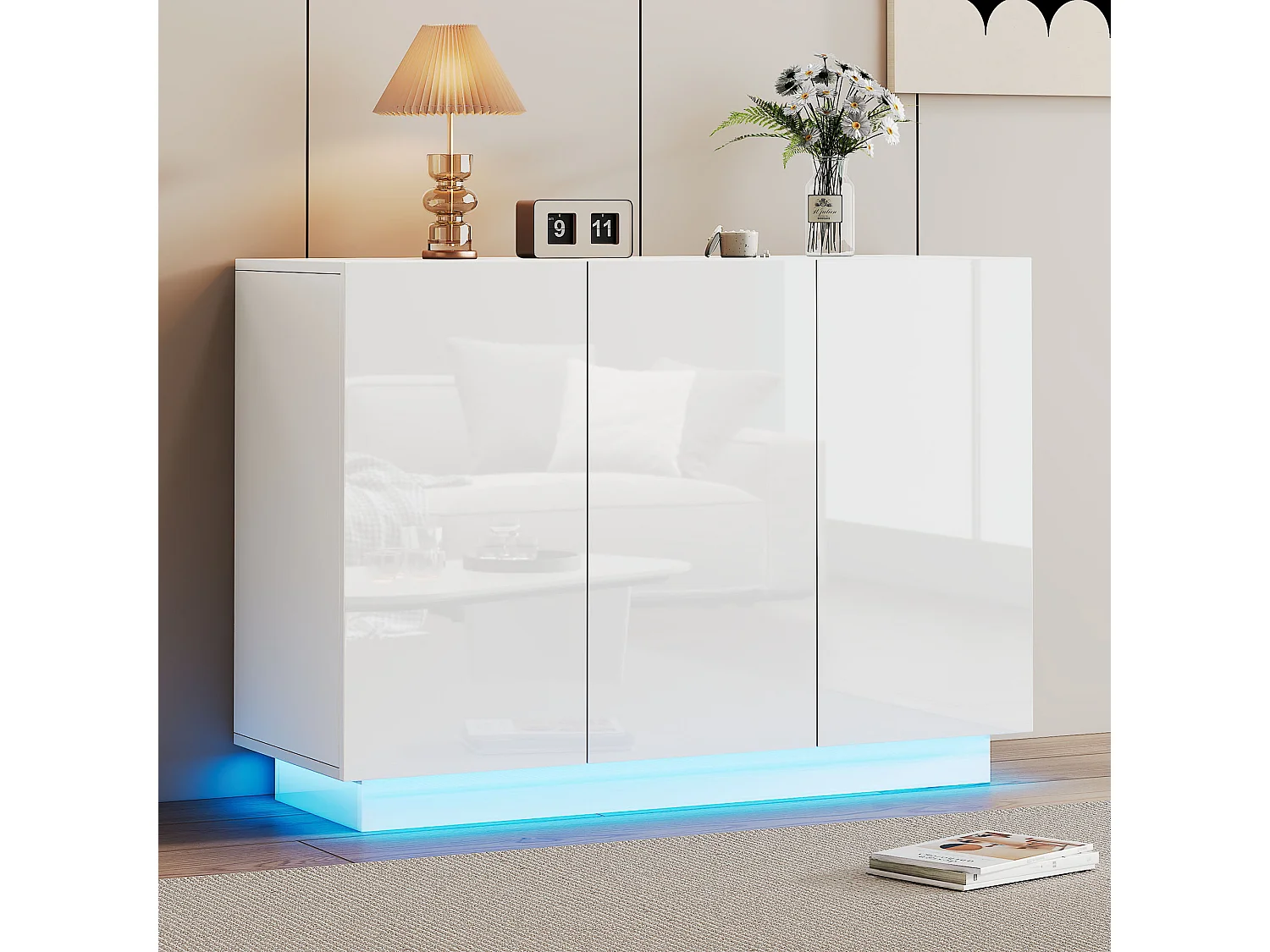 Komoda z 3 drzwiami - 120 x 40 x 75 cm - Diody LED - Płyta wiórowa - Biały połysk 3913173 - obrazek 1