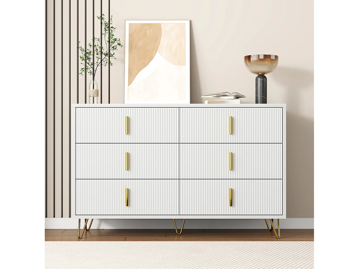 Komoda z 6 szufladami - 120 x 44 x 77 cm - Płyta wiórowa i nogi metalowe w kolorze złotym - Biała 3913191 - obrazek 1