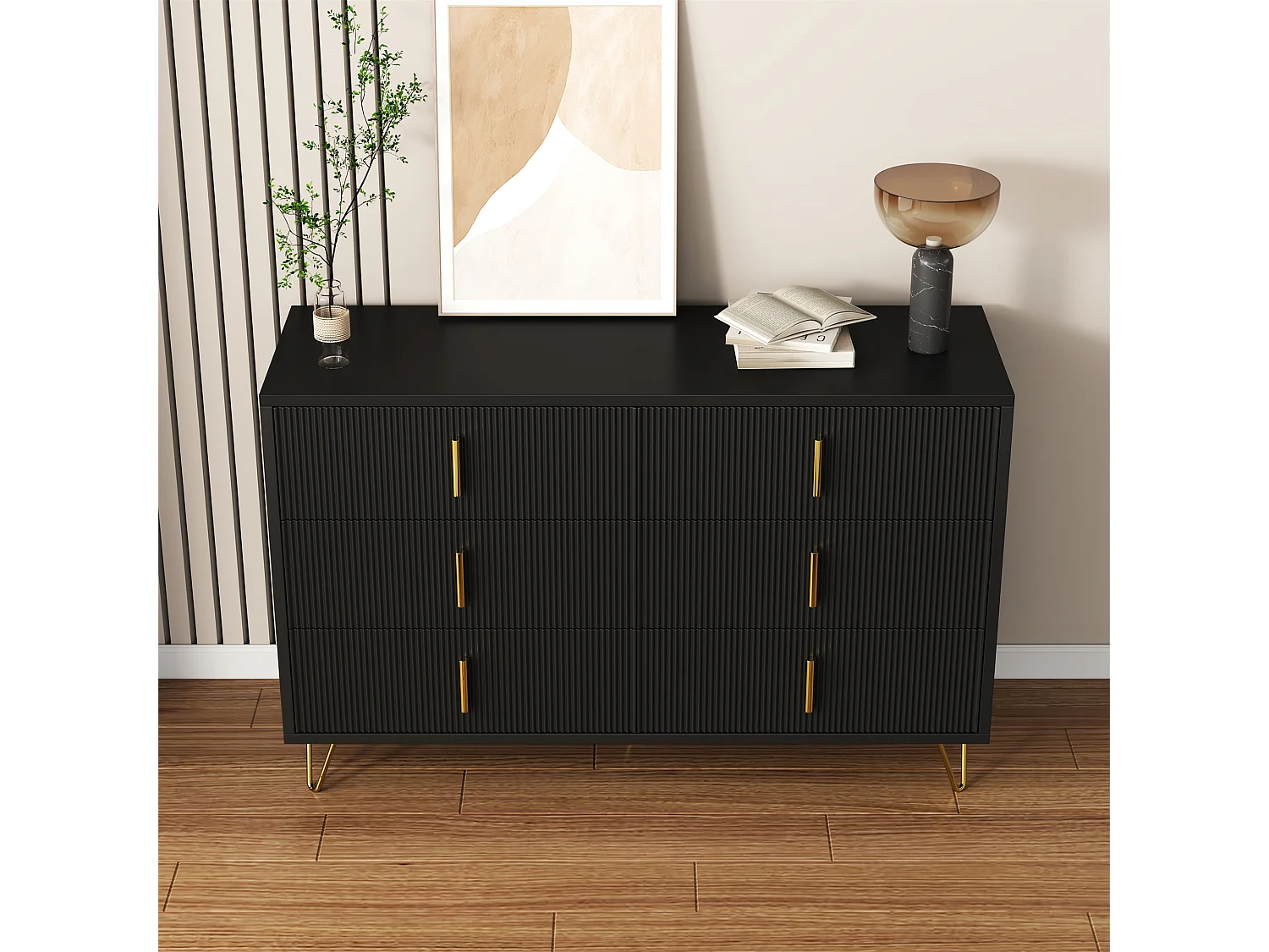 Komoda z 6 szufladami - 120 x 44 x 77 cm - Płyta wiórowa i nogi metalowe w kolorze złotym - Czarna 3913195 - obrazek 1