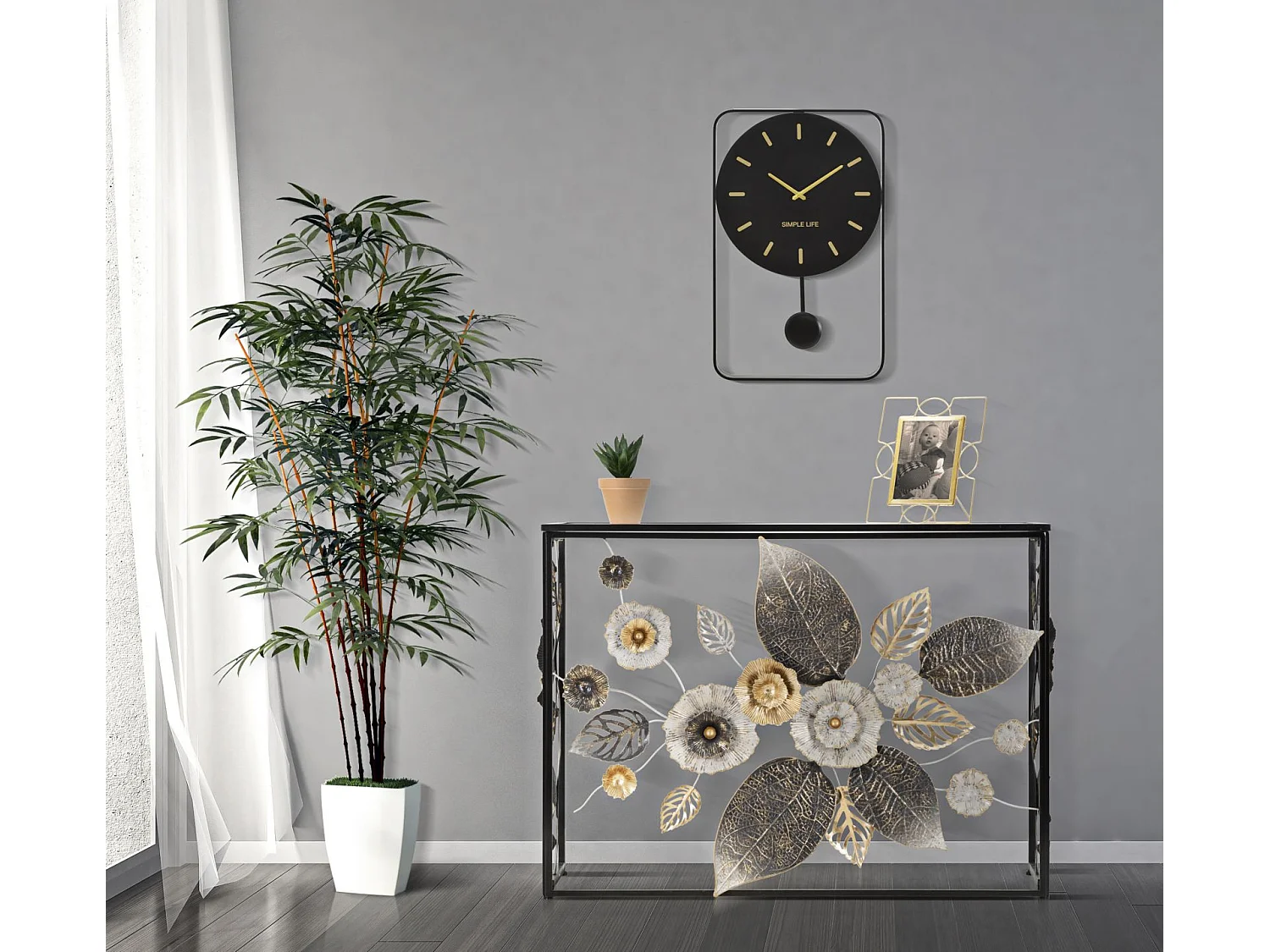 Konsola Glam Dark 111,8x41,9x80 cm - Czarna metalowa szafka wejściowa do holu z lustrzanym blatem i kwiatowymi zdobieniami - Styl glamour i nowoczesny 3697085 - obrazek 1