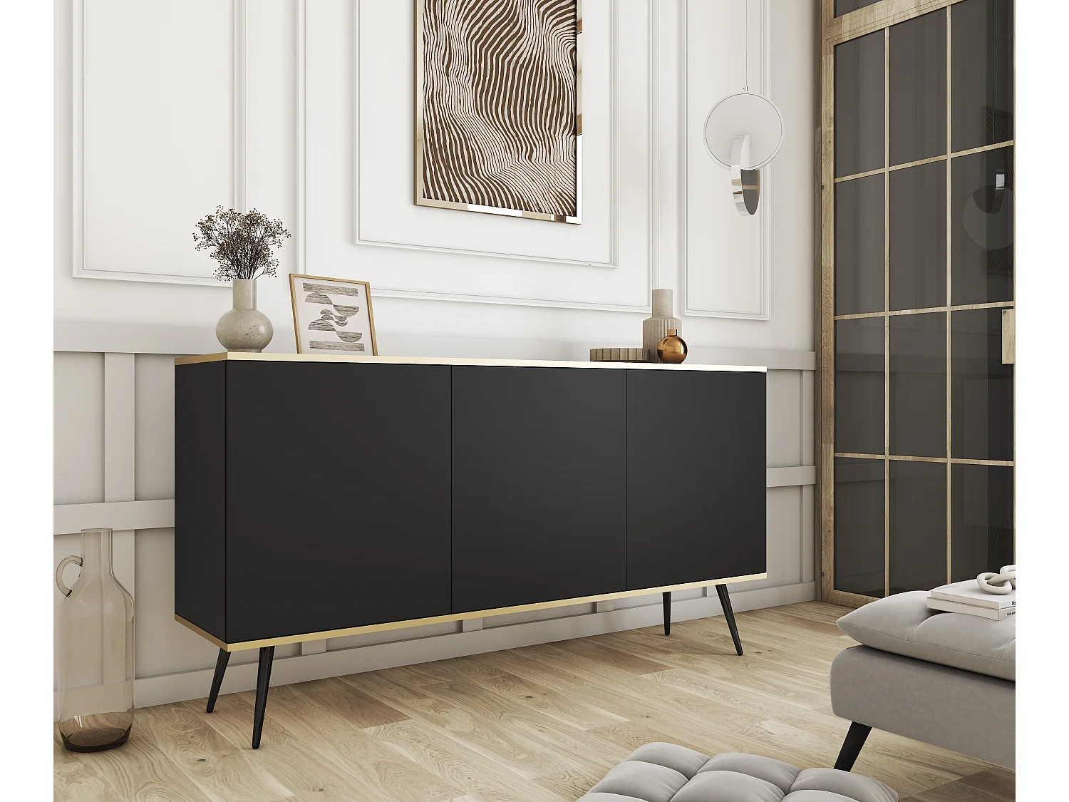 Komoda ORO K-160 nowoczesna 160 cm szeroka, czarna, 2 drzwi, 2 szuflady, Push-to-Open, czarne metalowe nogi 23 cm, laminat 16 mm 4025198 - obrazek 1