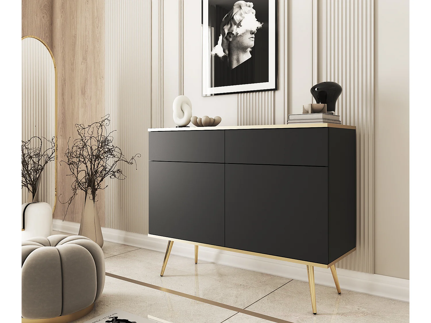 Komoda KSZ-107 z szufladami 107x85x39 cm – czarny wysoki połysk, Push-To-Open, metalowe nogi 23 cm, laminat 16 mm, odporna na zarysowania 4025197 - obrazek 1