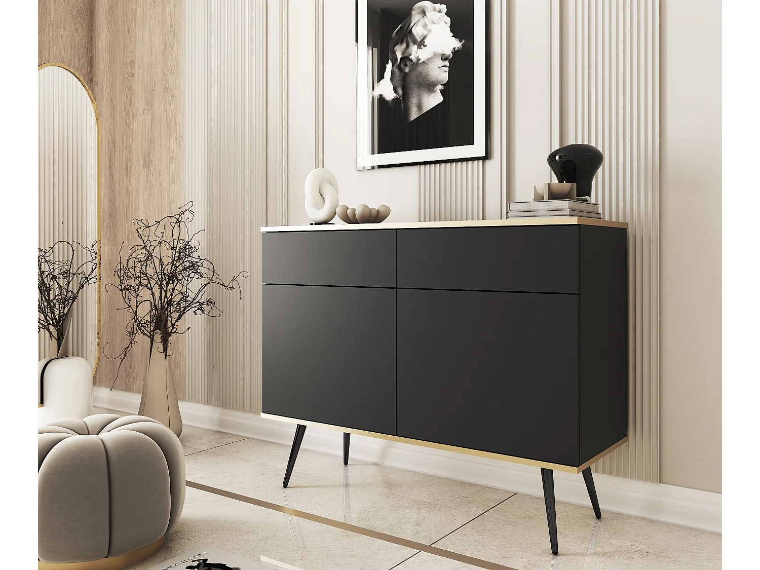 Komoda KSZ-107 z szufladami 107x85x39 cm – czarny wysoki połysk, Push-To-Open, metalowe nogi 23 cm, laminat 16 mm, odporna na zarysowania 4025209 - obrazek 1