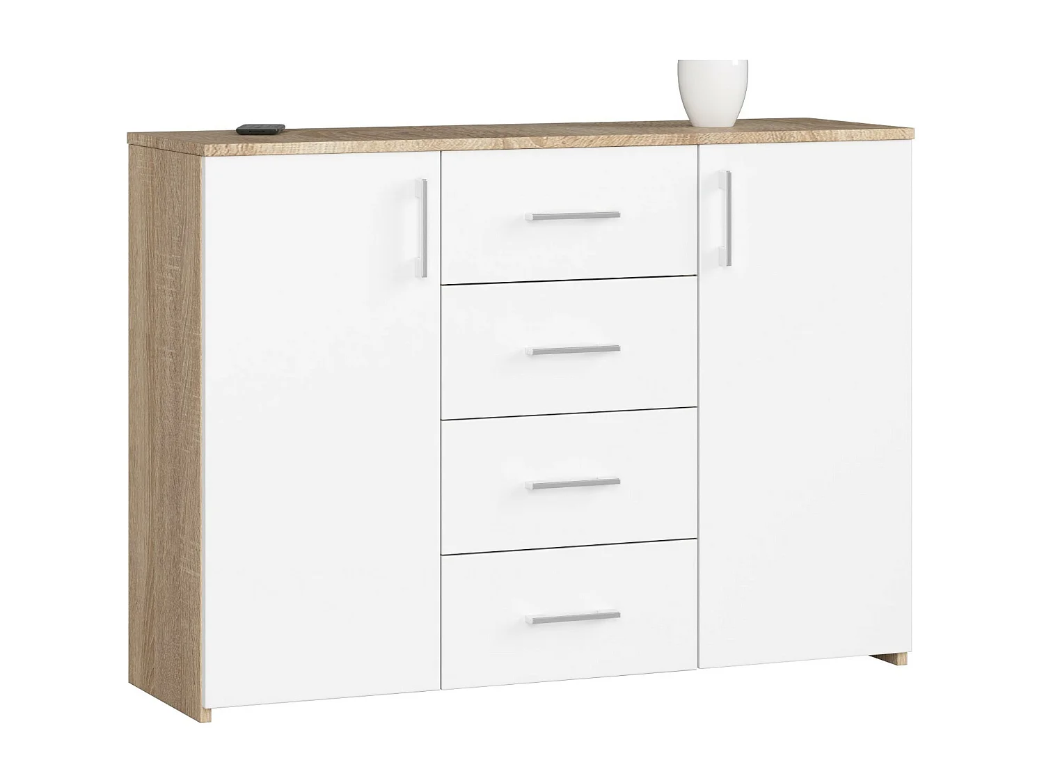 Komoda AKORD K45 Dąb Sonoma 110 cm 2 drzwi 4 szuflady kolor Biały mat 4 półki 110x35x80 cm 1952471 - obrazek 1