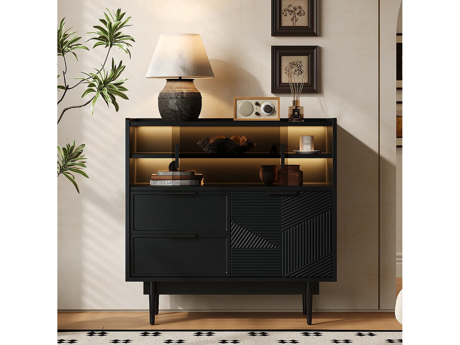 Komoda, witryna z 2 szufladami, 1 drzwiami drewnianymi i 2 drzwiami szklanymi przesuwnymi - 80 x 35 x 80 cm - drewno MDF - czarny 4031429 - obrazek 1