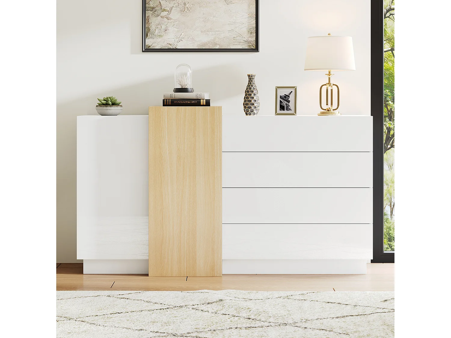 Komoda z 3 szufladami i 4 drzwiami - 160 x 37 x 75 cm - Drewno MDF - Połysk biały i kolor drewna 4031432 - obrazek 1