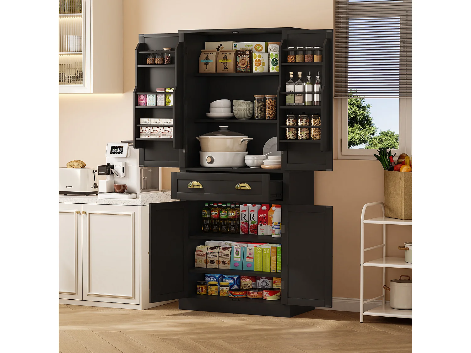 Komoda kuchenna z 4 drzwiami i 1 szufladą - 80 x 40 x 182 cm - regulowane półki - drewno MDF - czarny 4031436 - obrazek 1