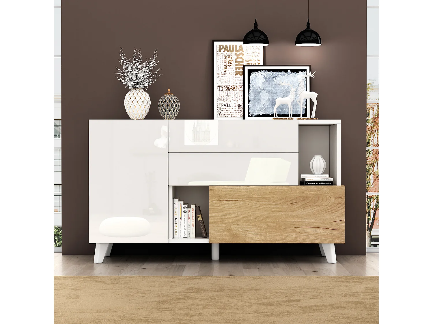 Komoda z 2 drzwiami i 2 szufladami - 120 x 40 x 75 cm - Płyta wiórowa - Biały połysk + Dąb jasny 4031438 - obrazek 1