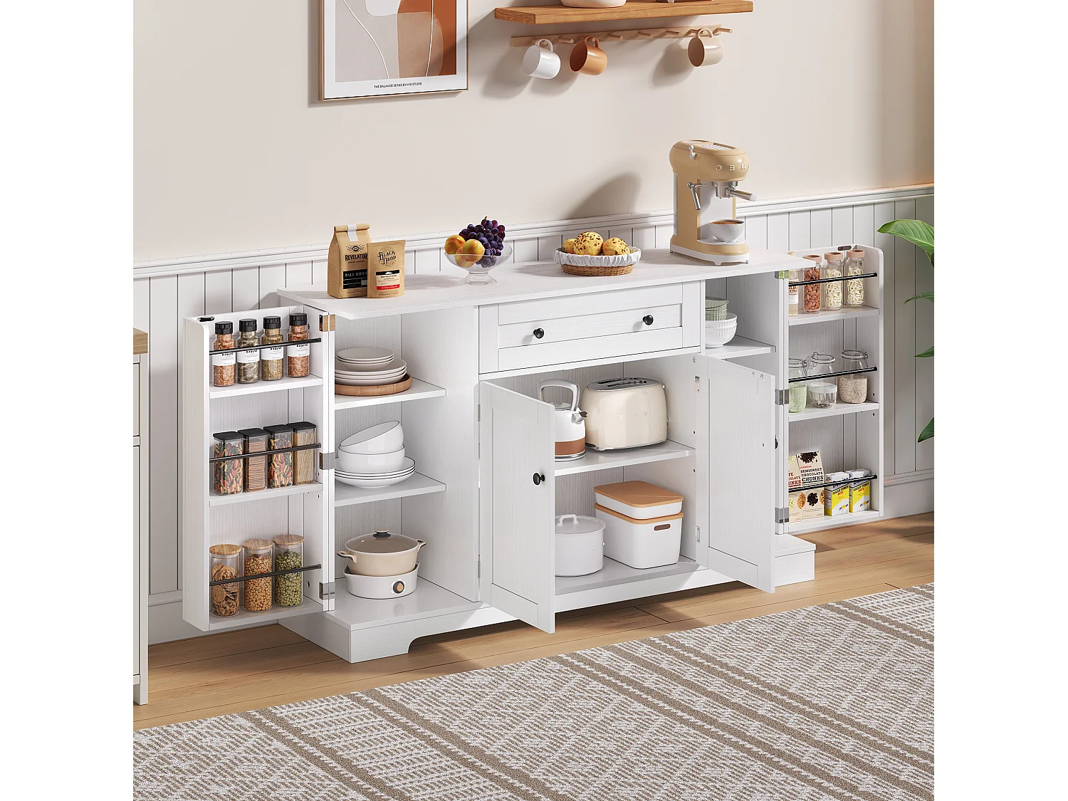 Komoda kuchenna z 4 drzwiami i 1 szufladą - 138 x 40 x 85 cm - drewno MDF - regulowane półki - biały 4031444 - obrazek 1