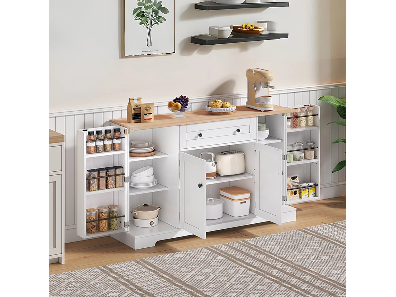 Komoda kuchenna z 4 drzwiami i 1 szufladą - 138 x 40 x 85 cm - Drewno MDF - Regulowane półki - Naturalny + biały 4031446 - obrazek 1