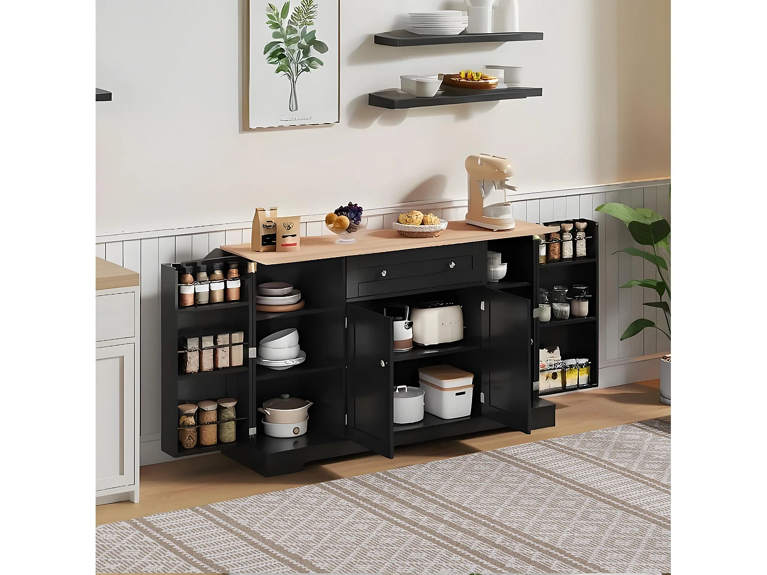 Komoda kuchenna z 4 drzwiami i 1 szufladą - 138 x 40 x 85 cm - Drewno MDF - Regulowane półki - Czarny + naturalny 4031449 - obrazek 1