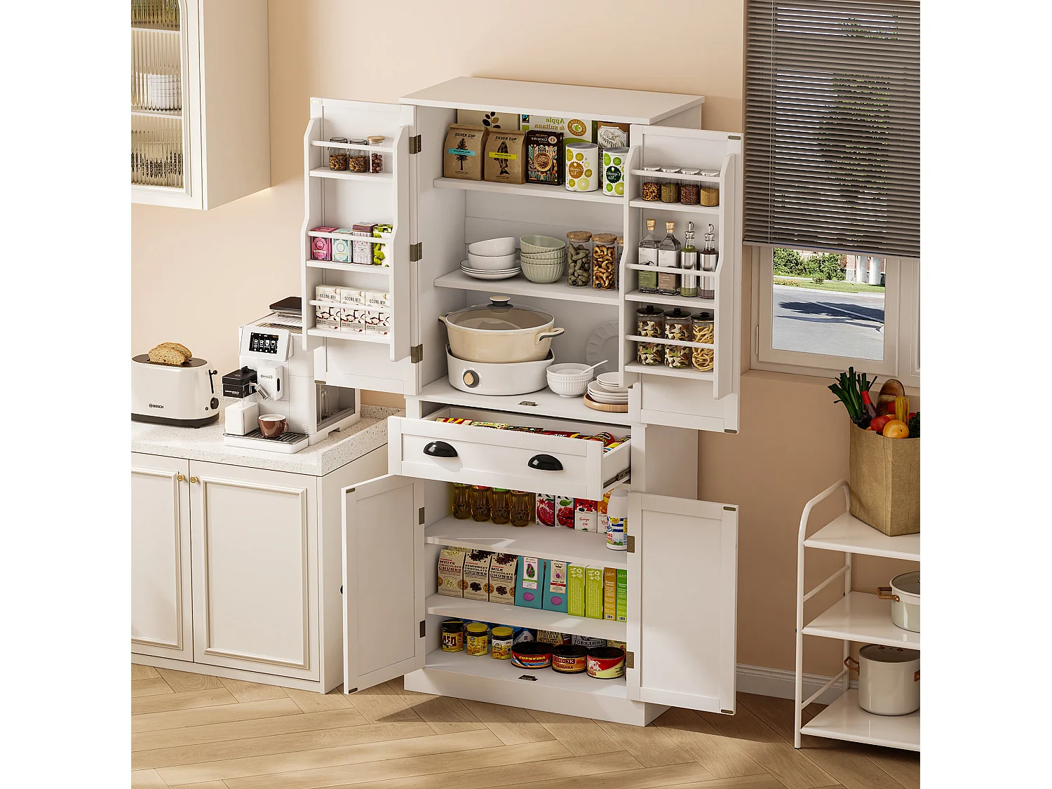 Komoda kuchenna z 4 drzwiami i 1 szufladą - 80 x 40 x 182 cm - regulowane półki - drewno MDF - biały 4031456 - obrazek 1